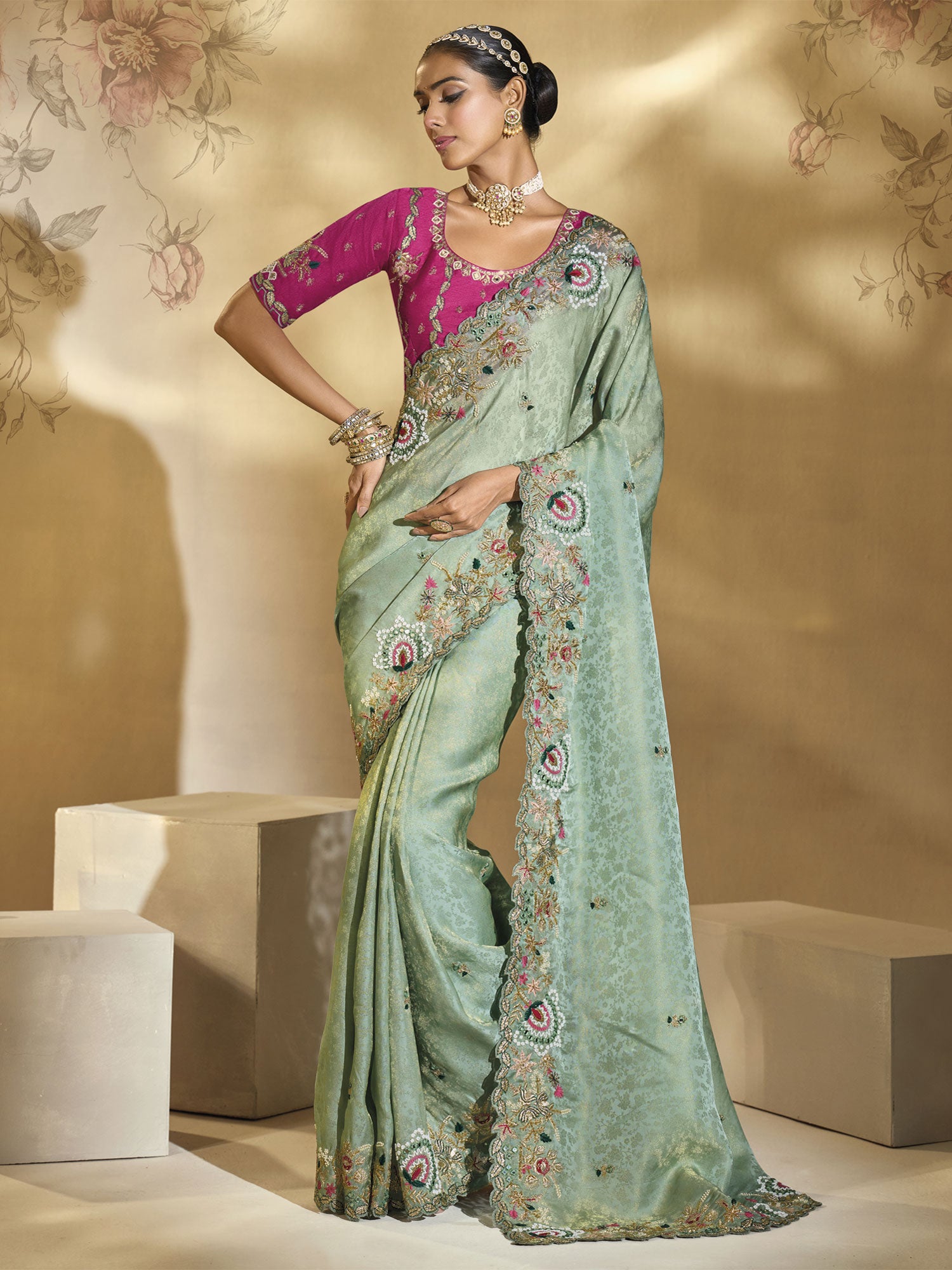 Mint Green Floral Embellished Bridesmaid Saree In Silk