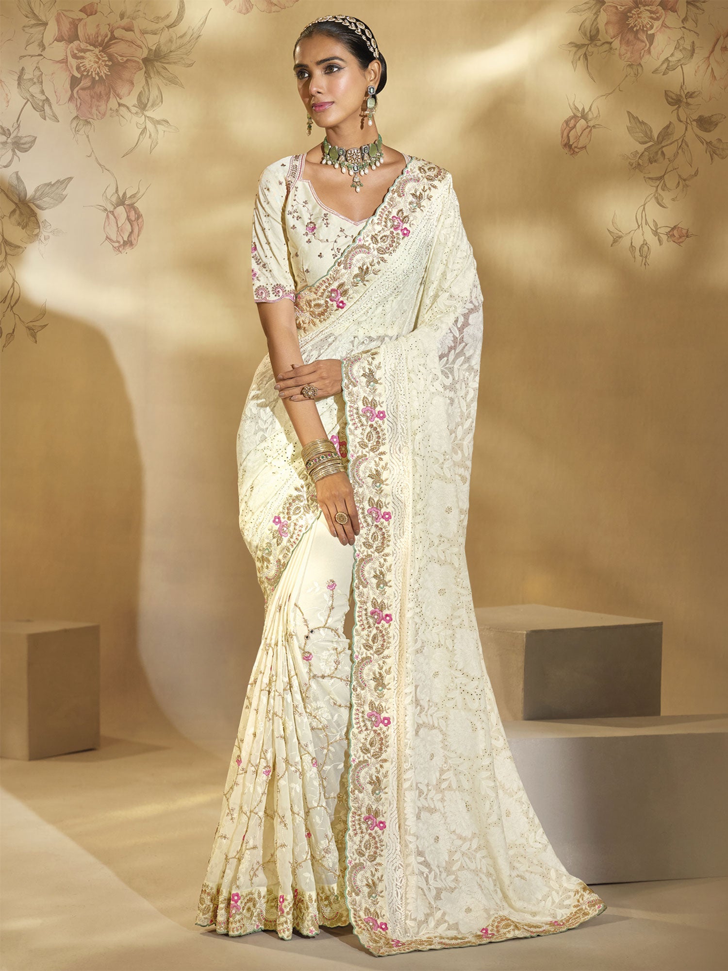 Off White Party Saree In Floral Thread Embroidery