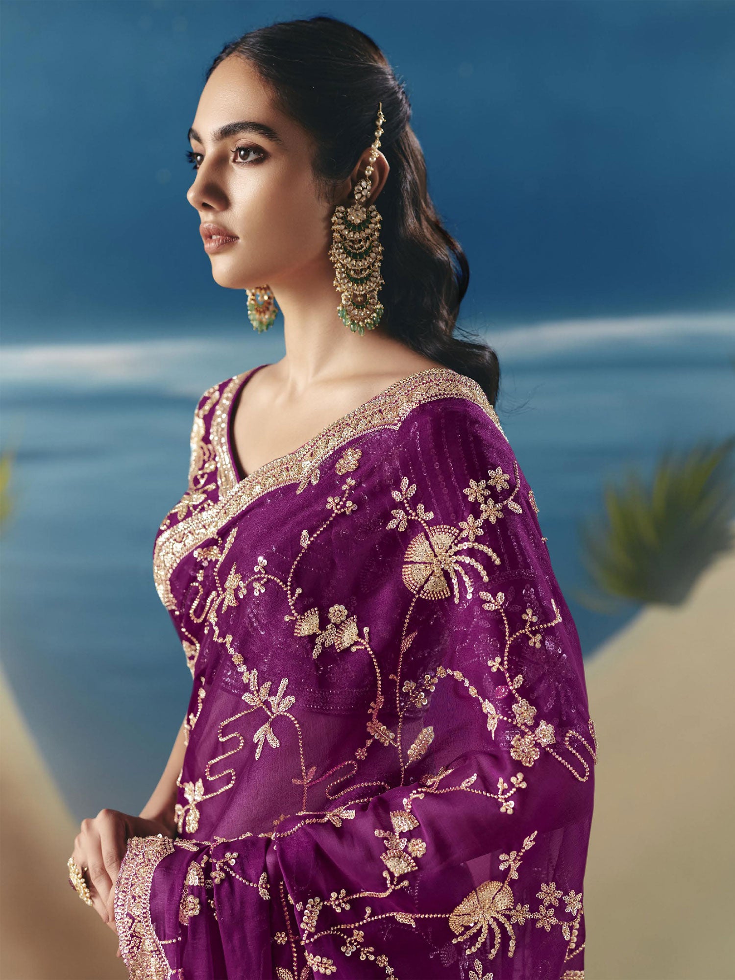 Grape Purple Hand Work Embellished Saree In Satin