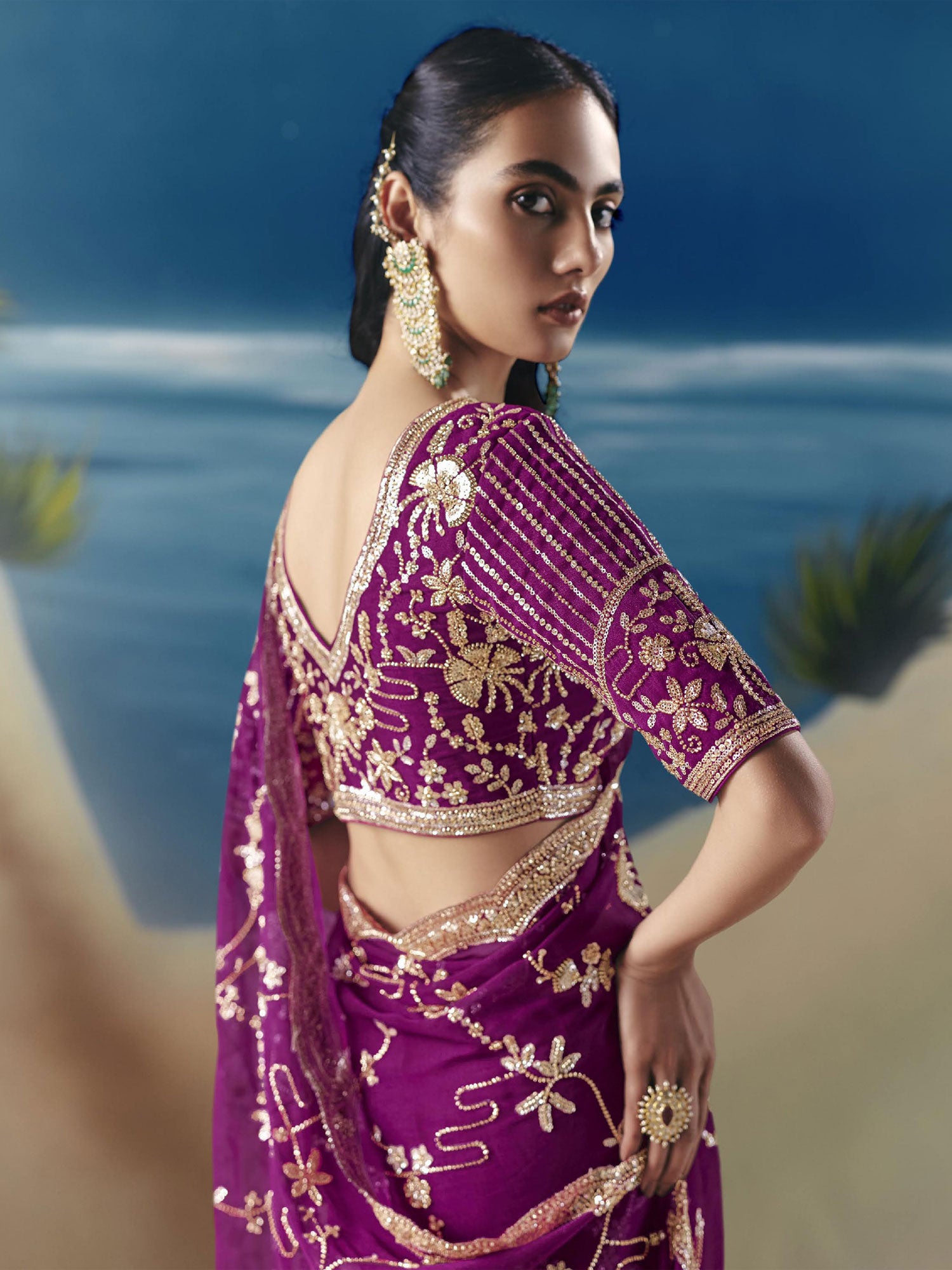 Grape Purple Hand Work Embellished Saree In Satin