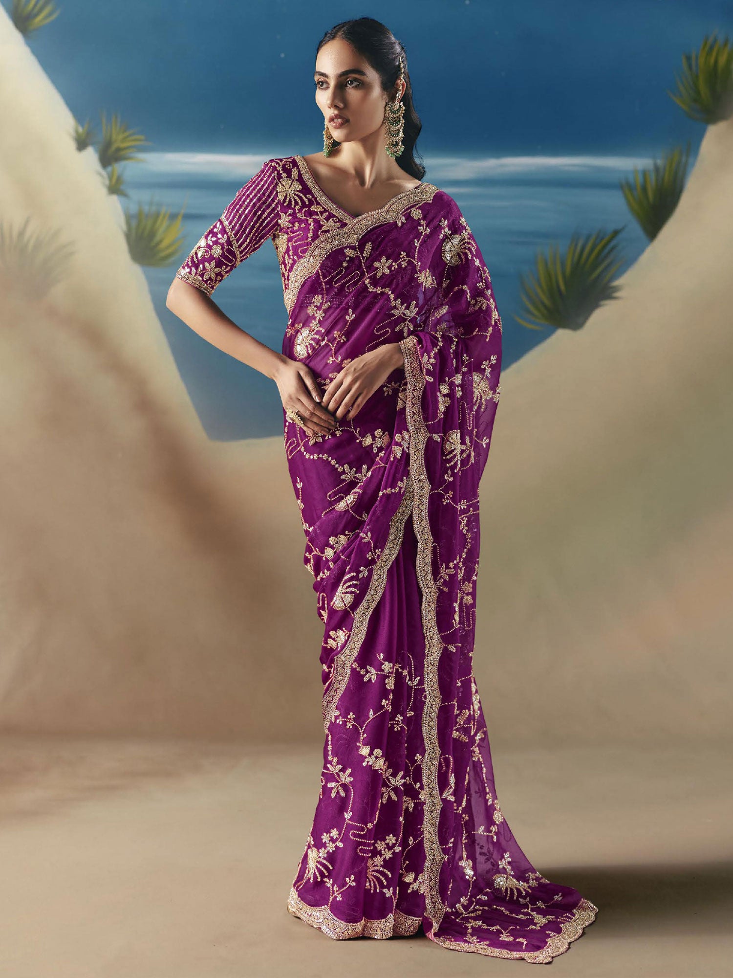 Grape Purple Hand Work Embellished Saree In Satin