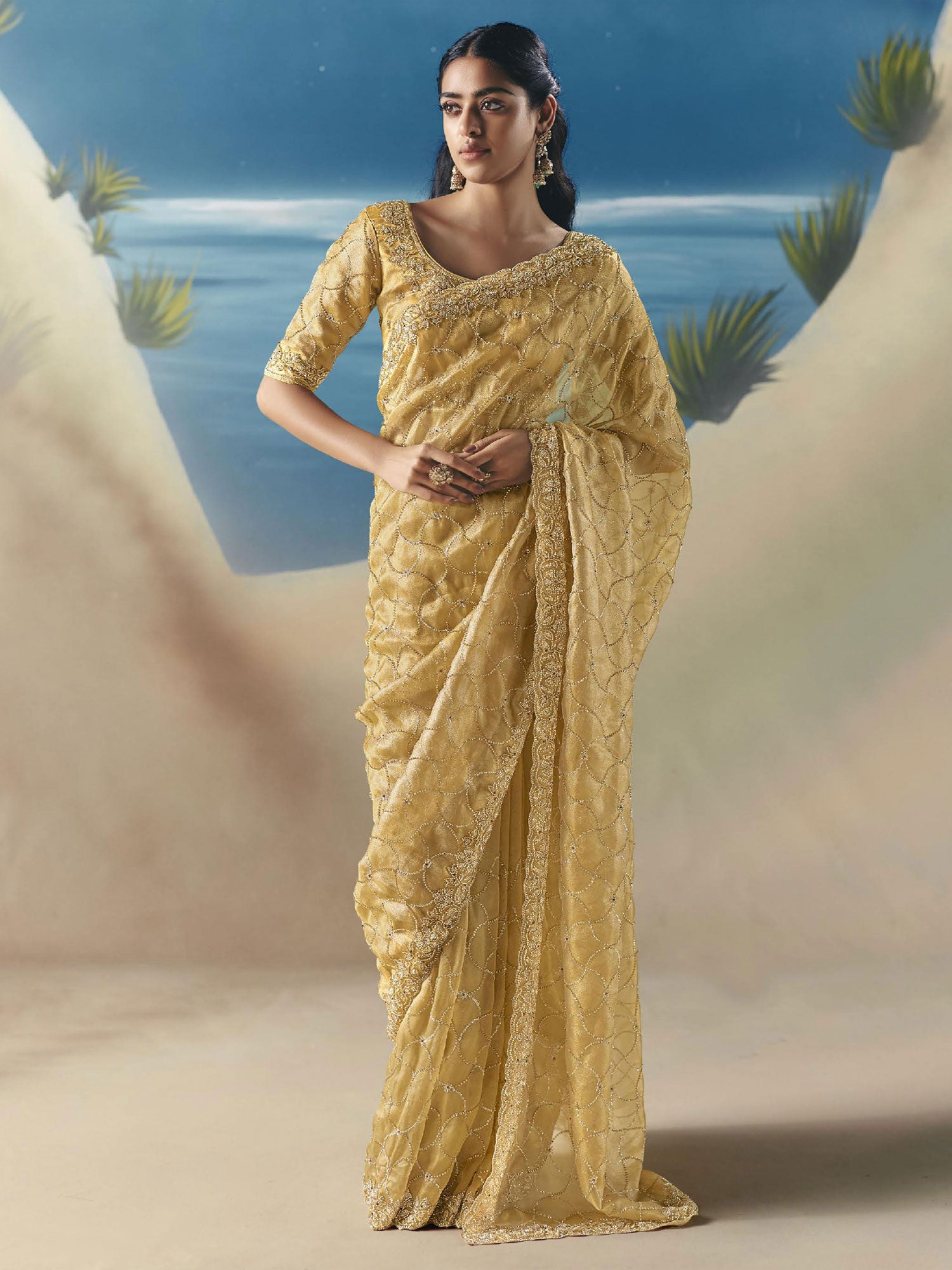 Yellow Organza Saree In Hand Work Embellishments
