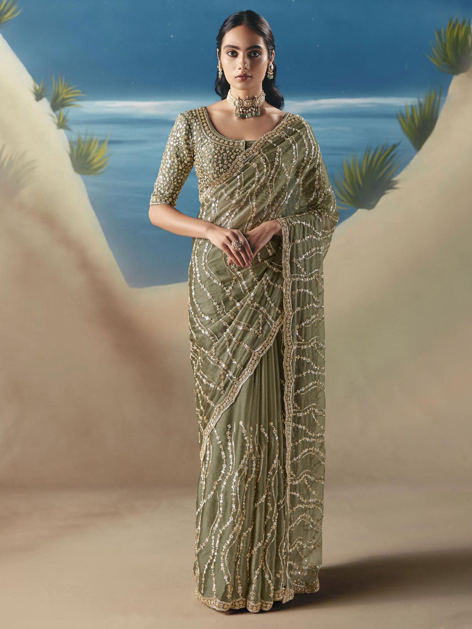 Sage Green Bridesmaid Saree In Heavy Embroidery