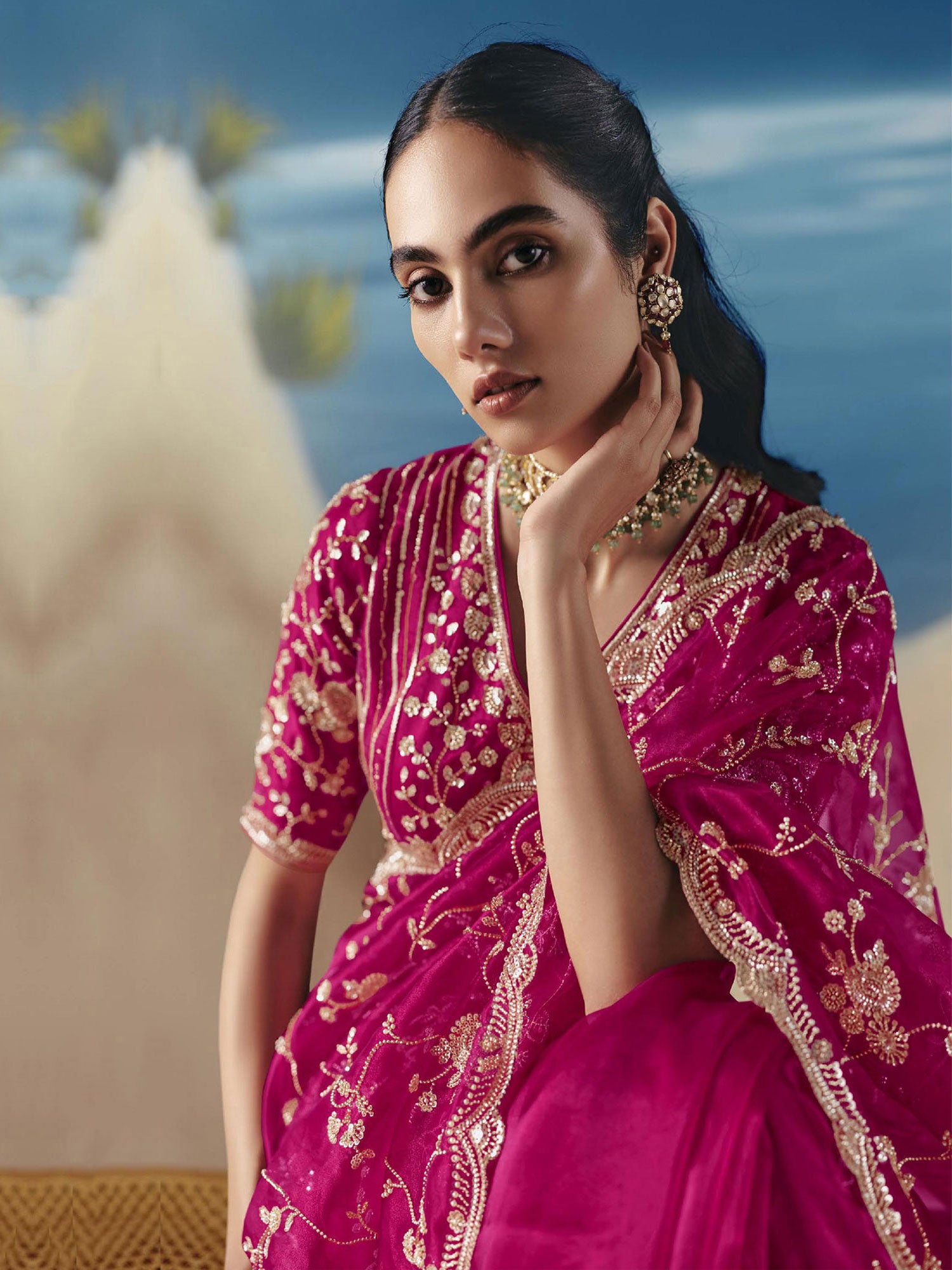 Rani Pink Floral Embroidered Bridal Saree In Organza