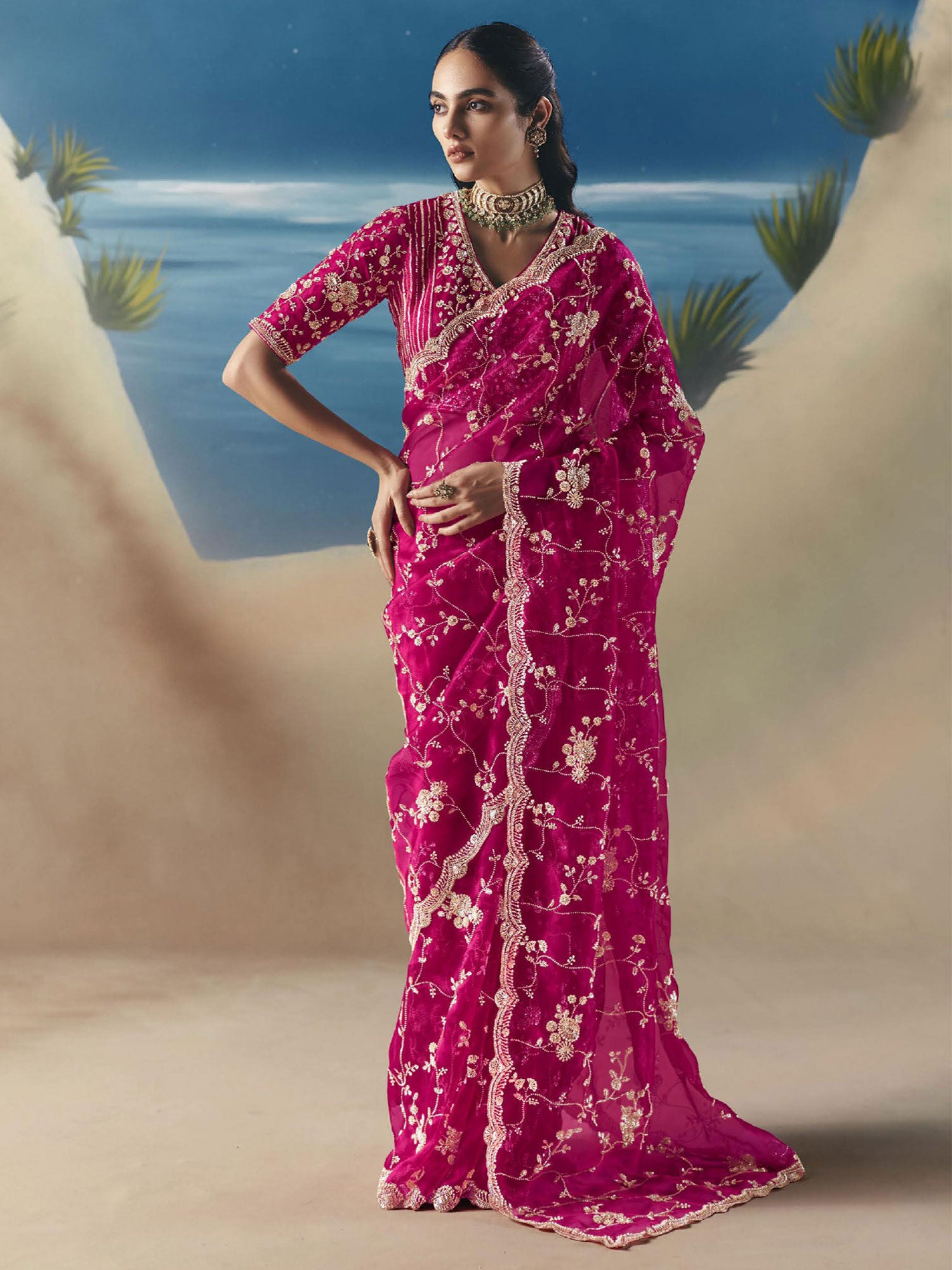 Rani Pink Floral Embroidered Bridal Saree In Organza