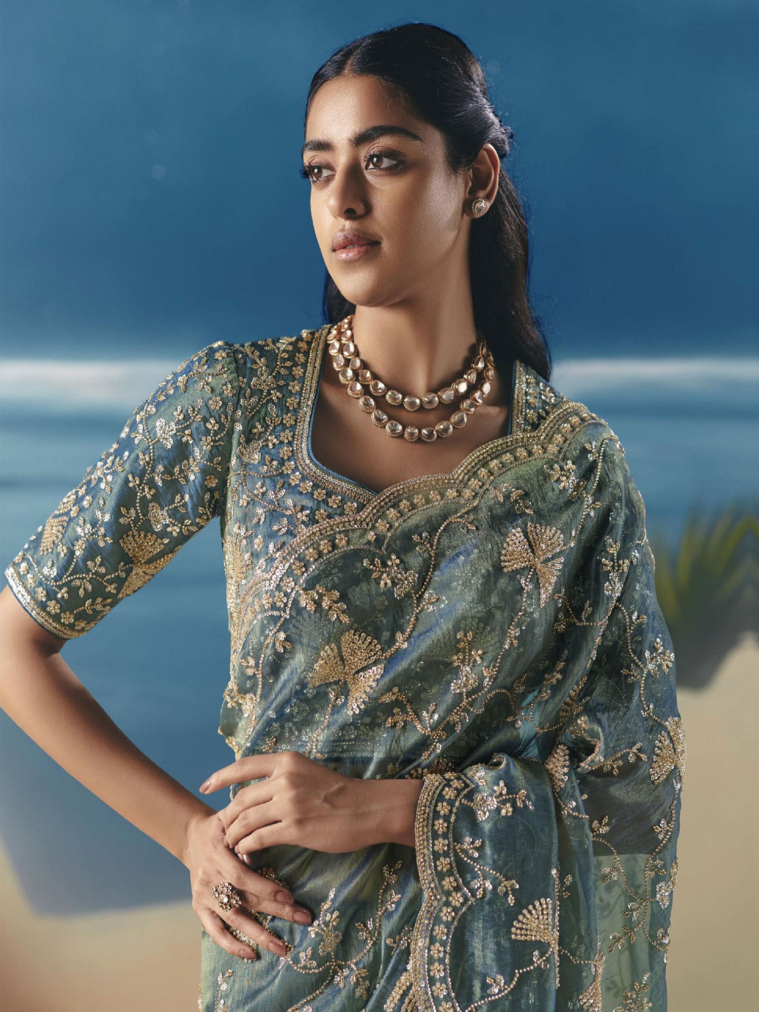 Stone Blue Satin Saree With Embroidered Blouse