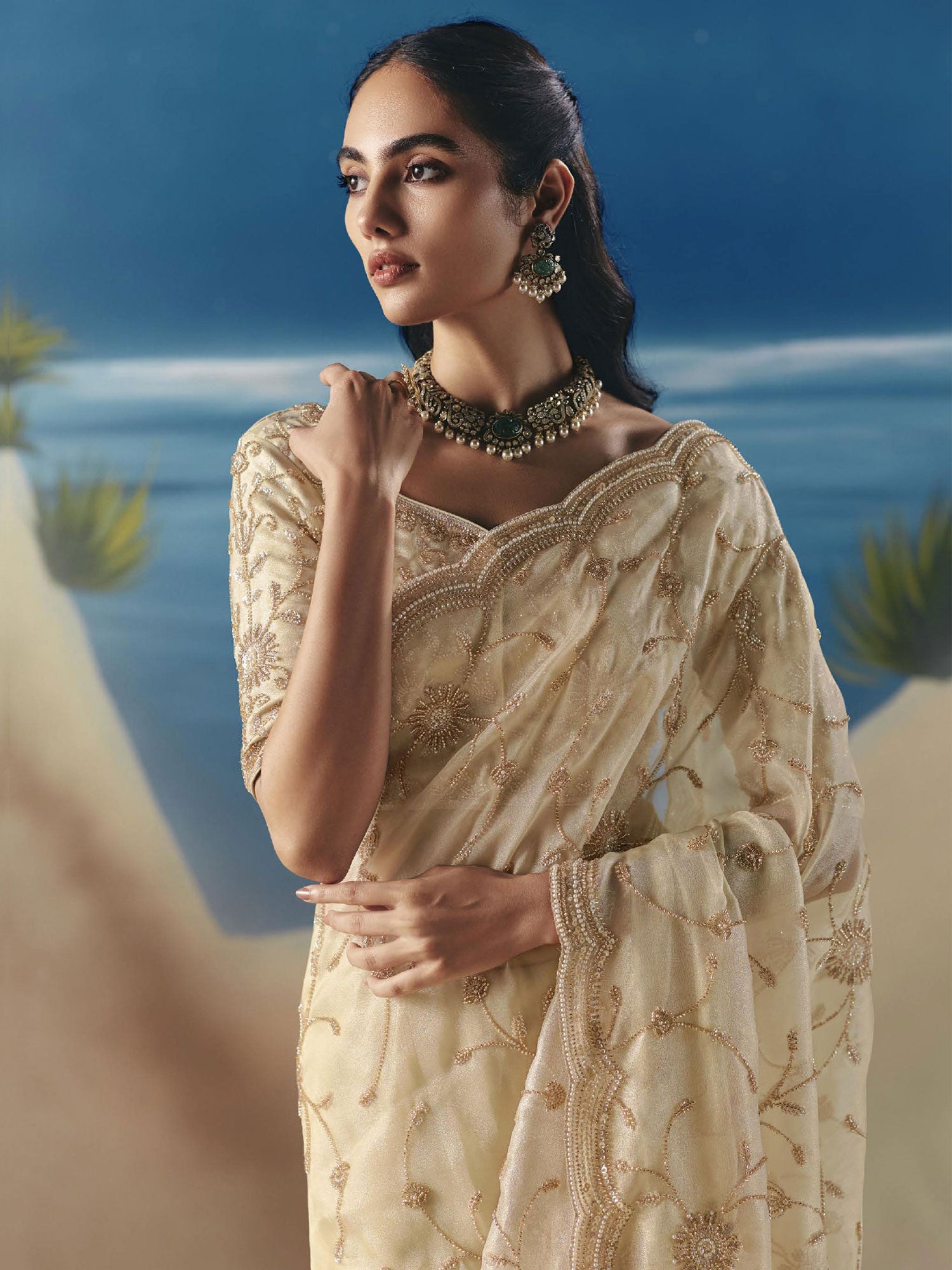 Beige Wedding Wear Saree In Satin Organza