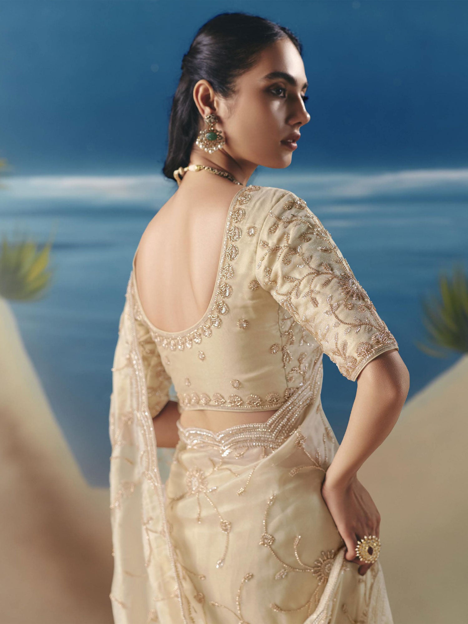 Beige Wedding Wear Saree In Satin Organza