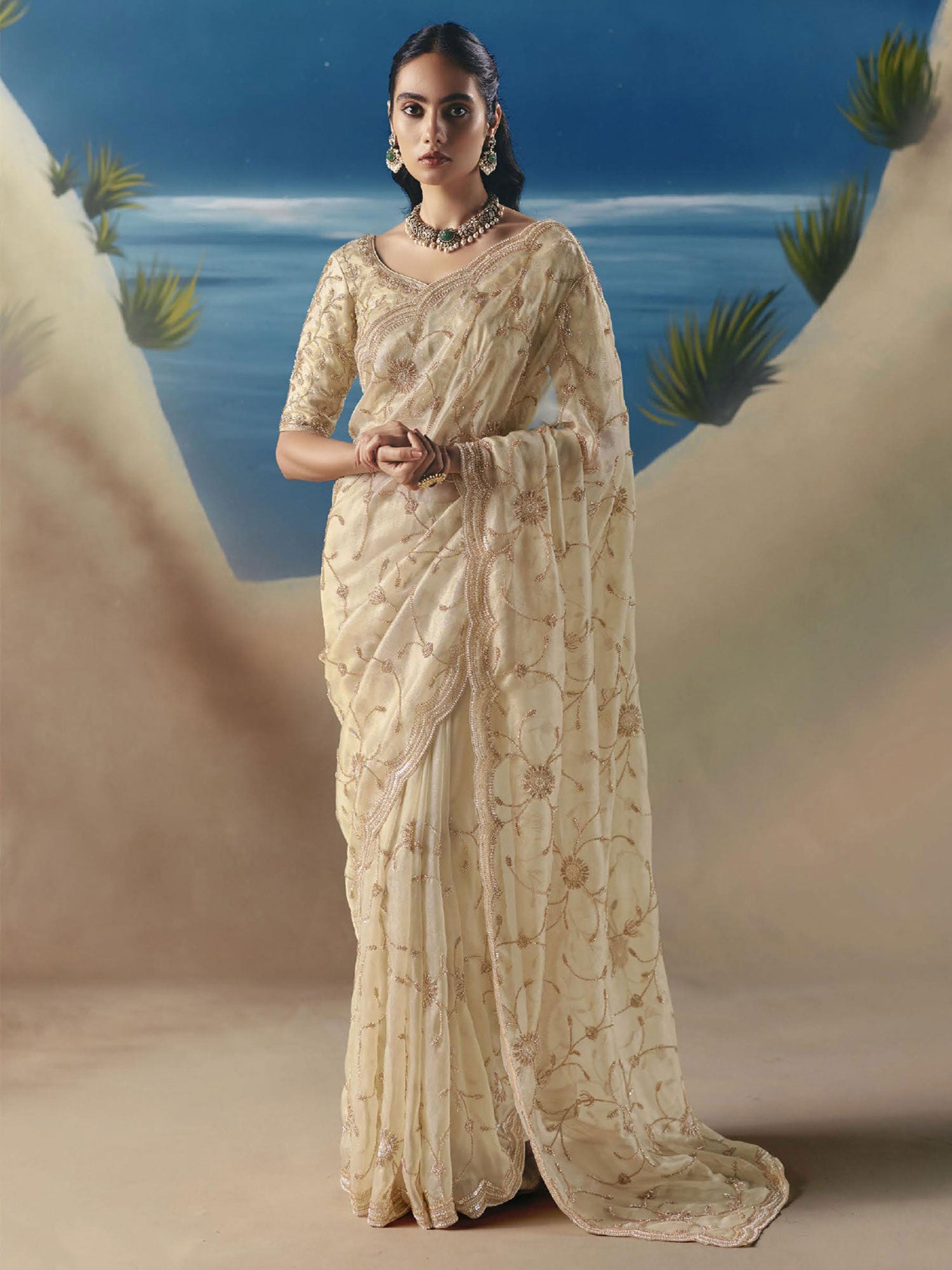 Beige Wedding Wear Saree In Satin Organza