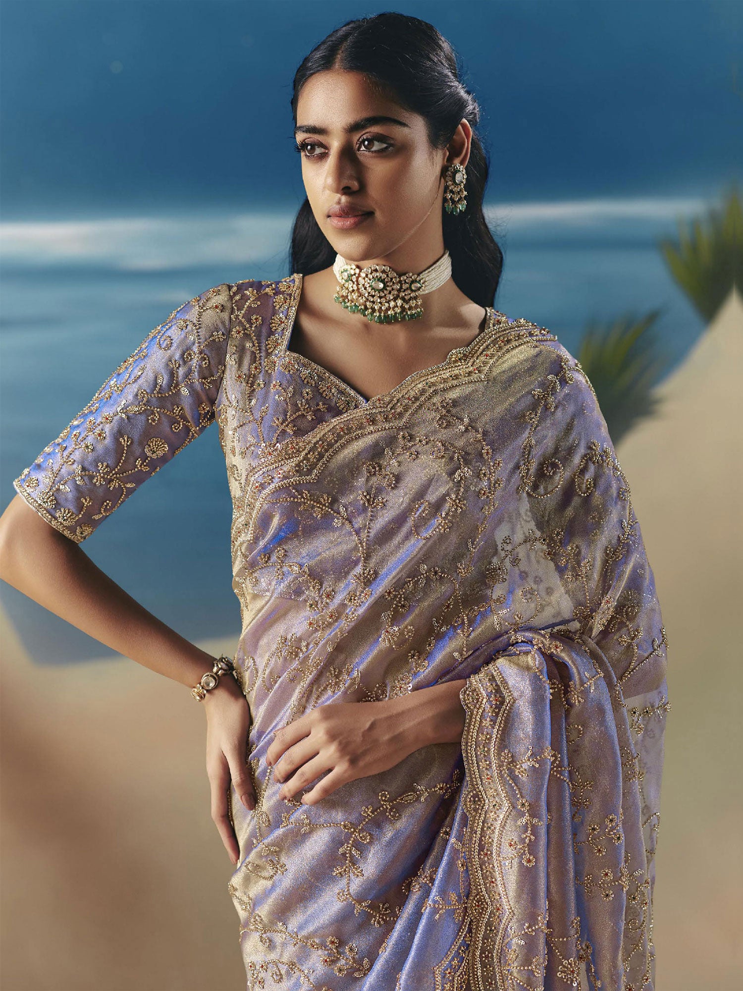 Lavender Purple Floral Hand Work Saree In Satin