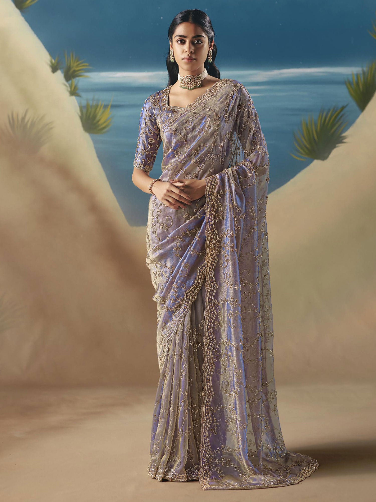Lavender Purple Floral Hand Work Saree In Satin