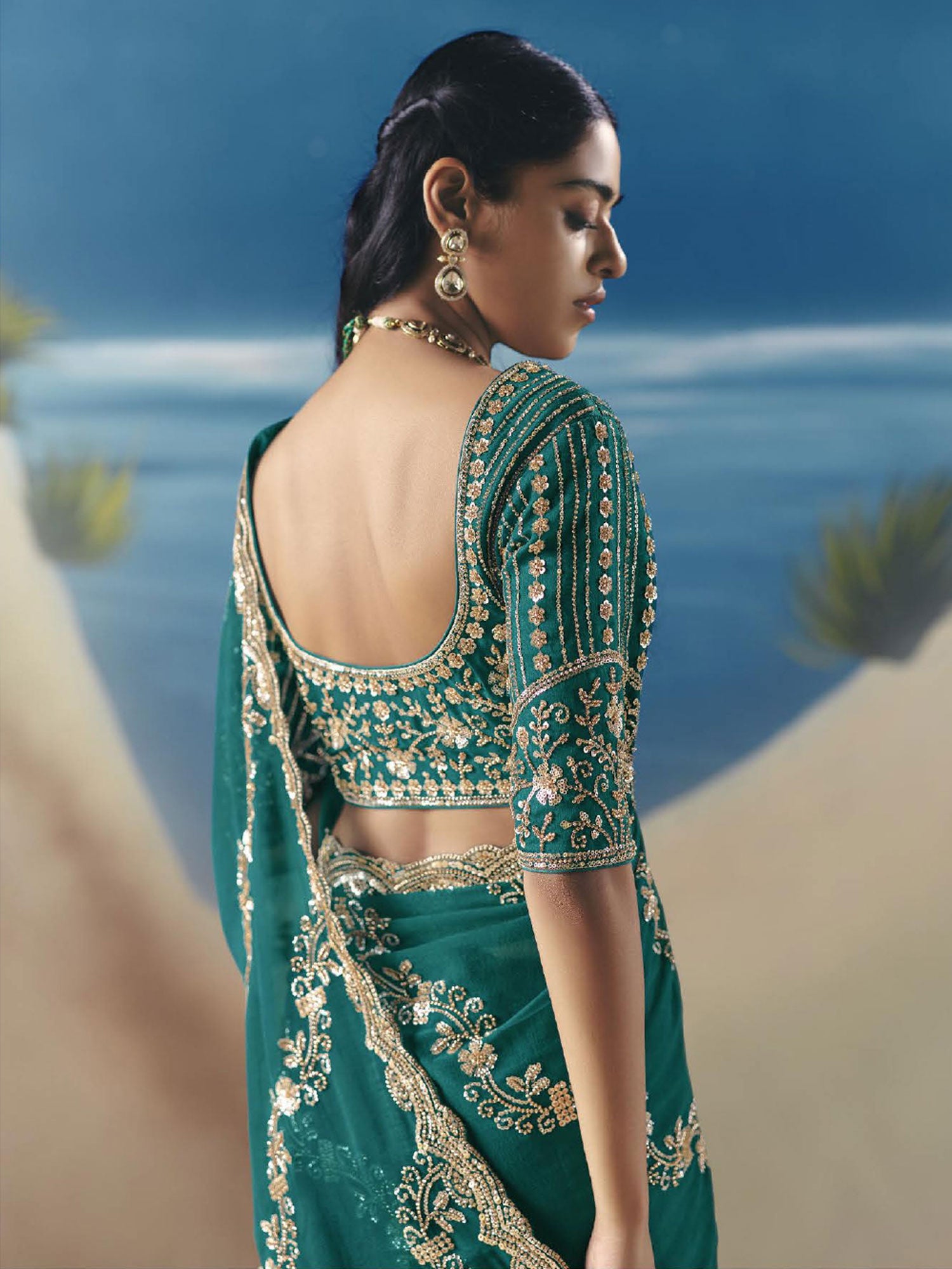 Rama Green Bridal Saree In Hand Work Embroidery