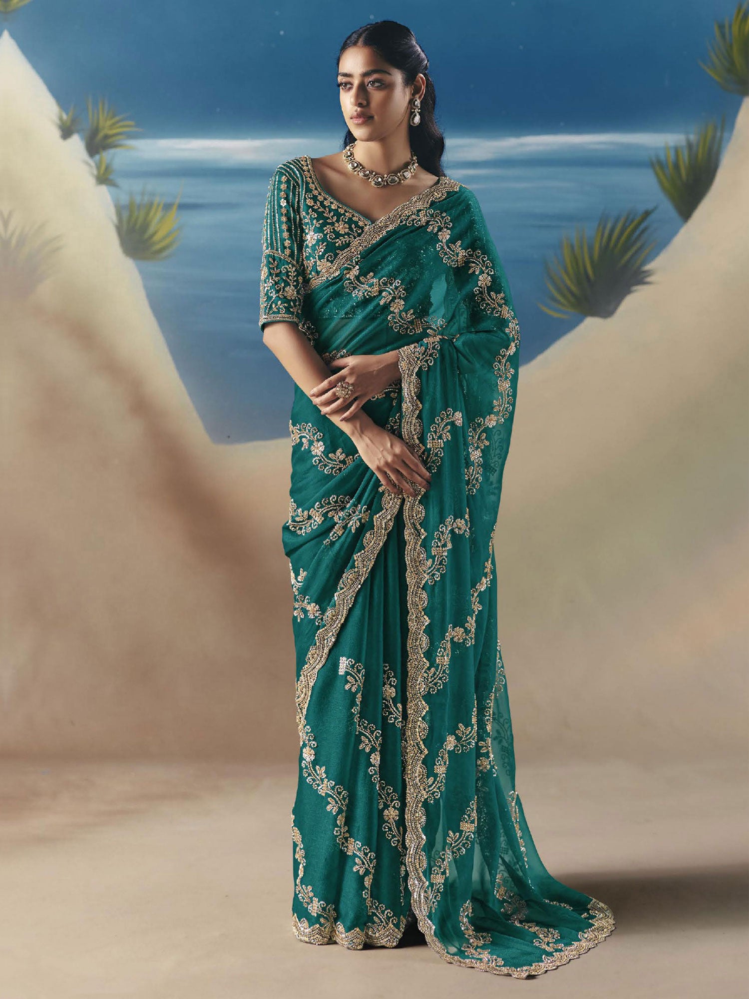 Rama Green Bridal Saree In Hand Work Embroidery