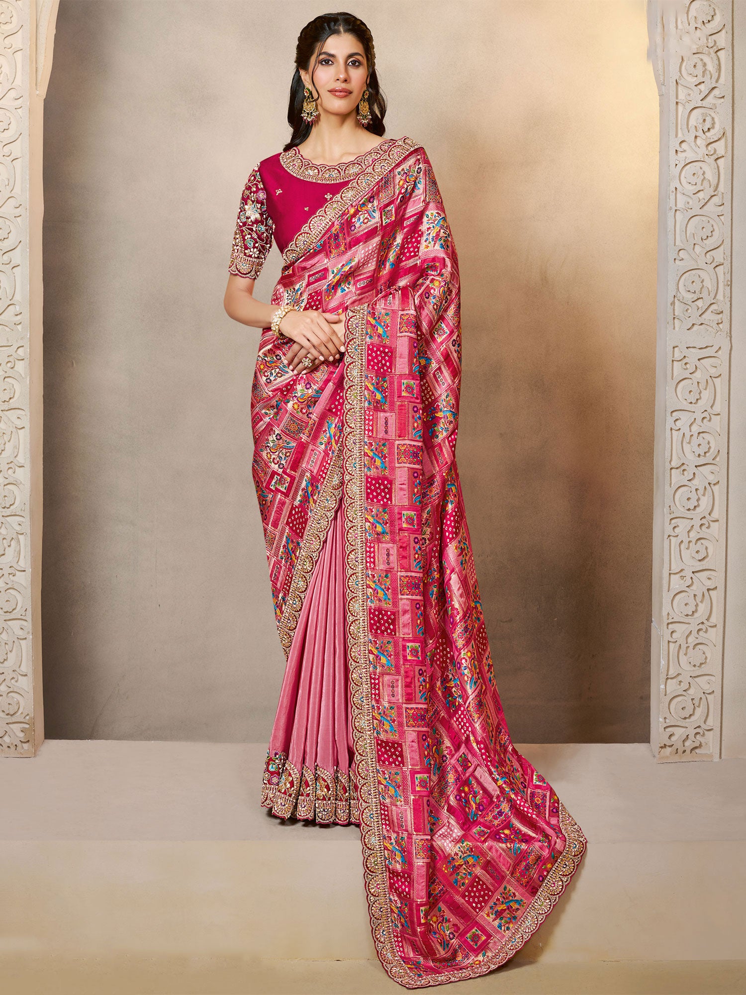 Pink Bridesmaid Saree In Floral Thread Work