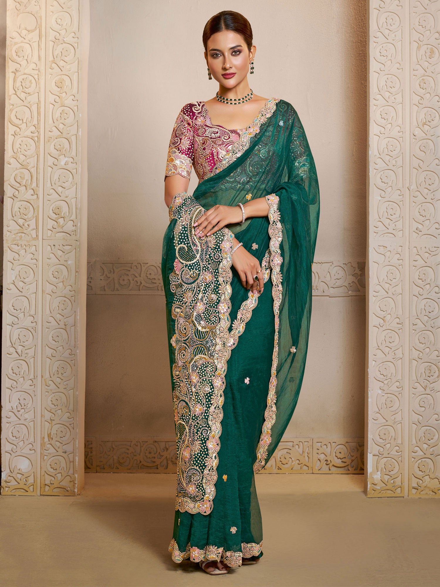 Green Satin Saree With Heavy Embroidered Pallu