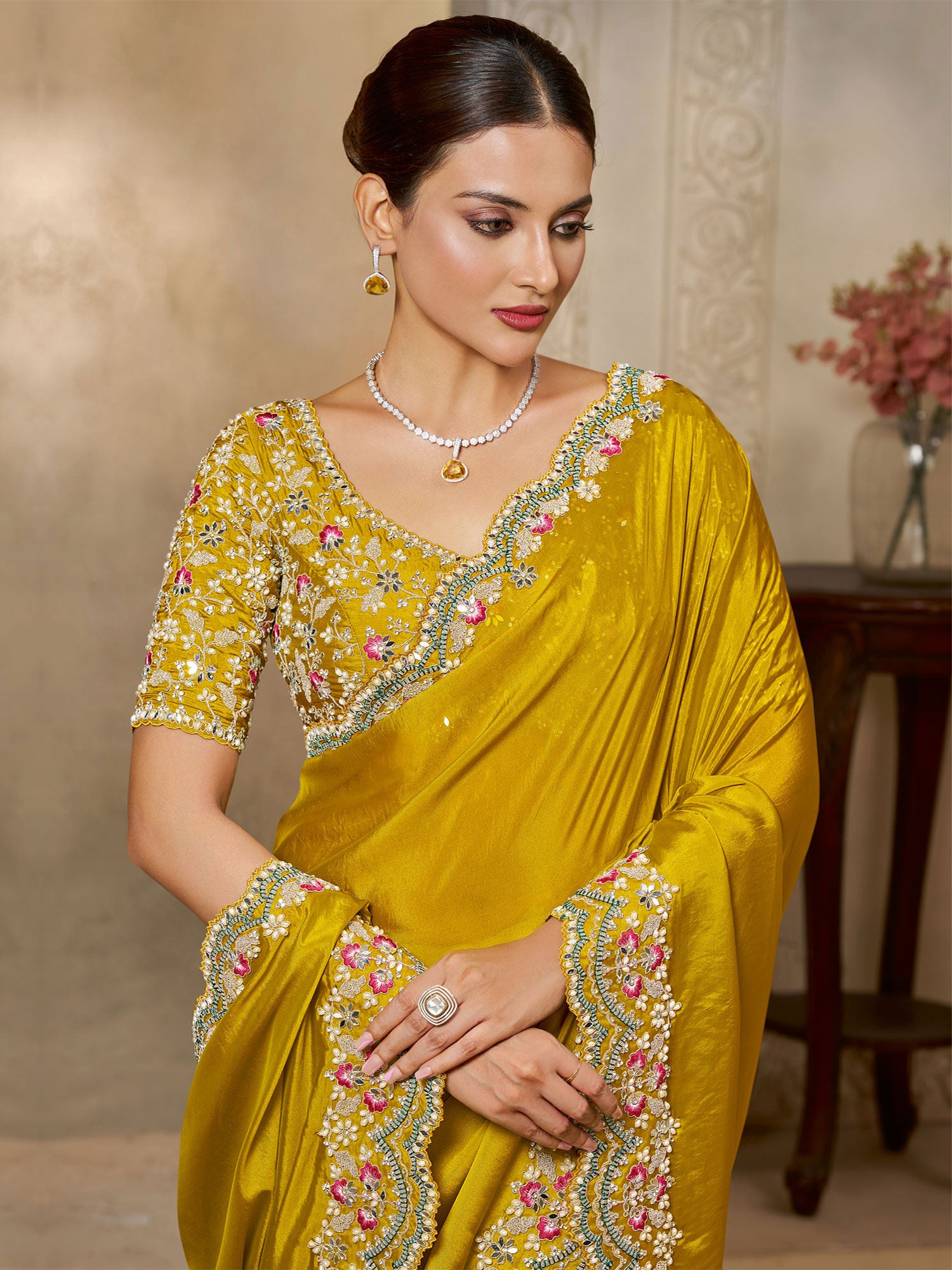 Yellow Stone Work Embellished Wedding Saree