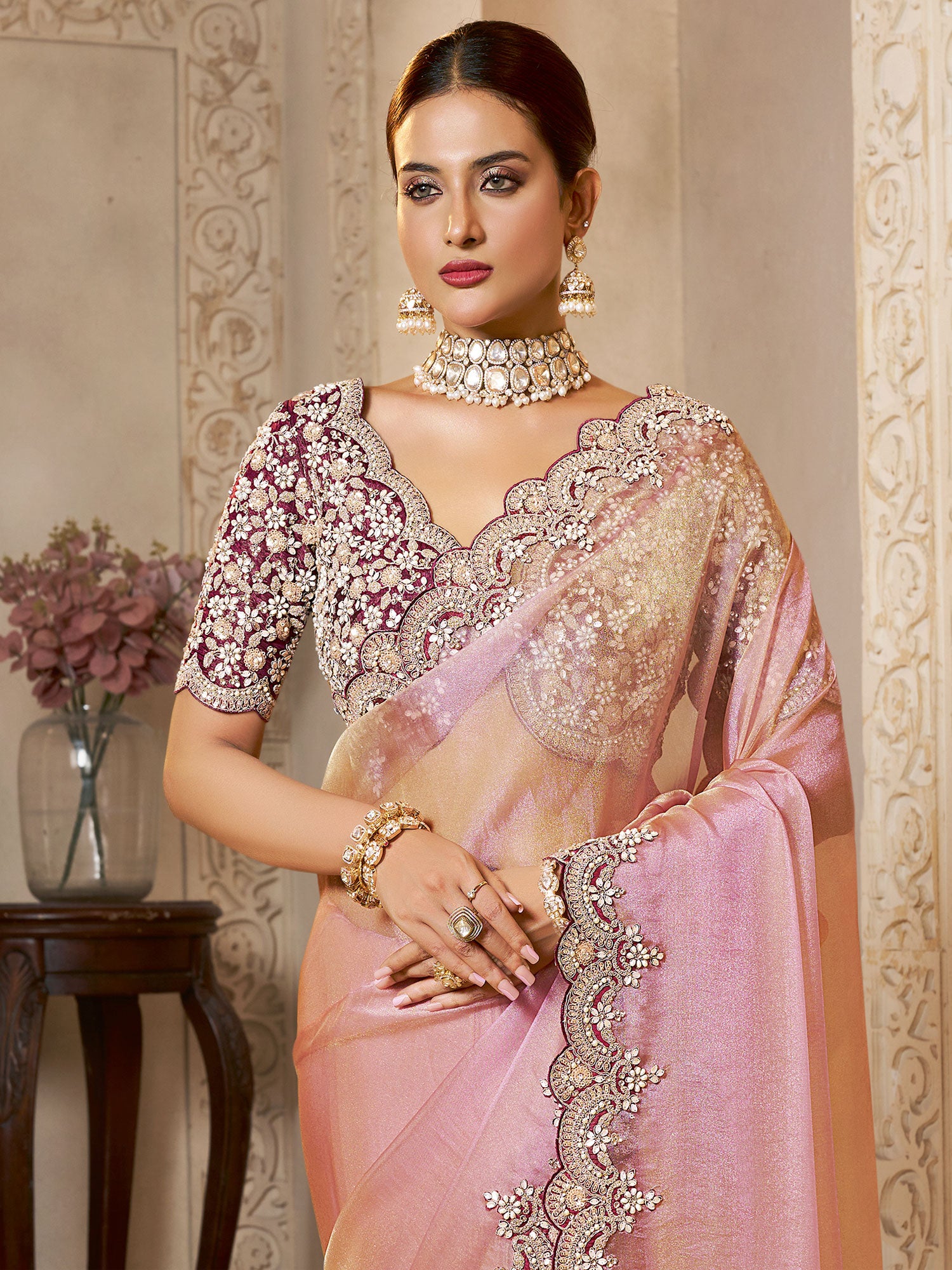 Pink Embroidered Silk Saree With Heavy Pallu