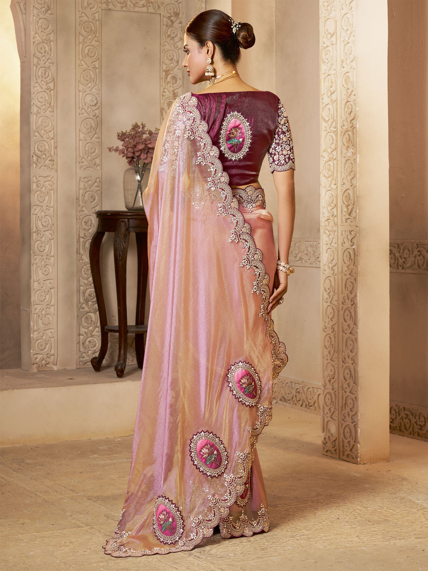 Pink Embroidered Silk Saree With Heavy Pallu