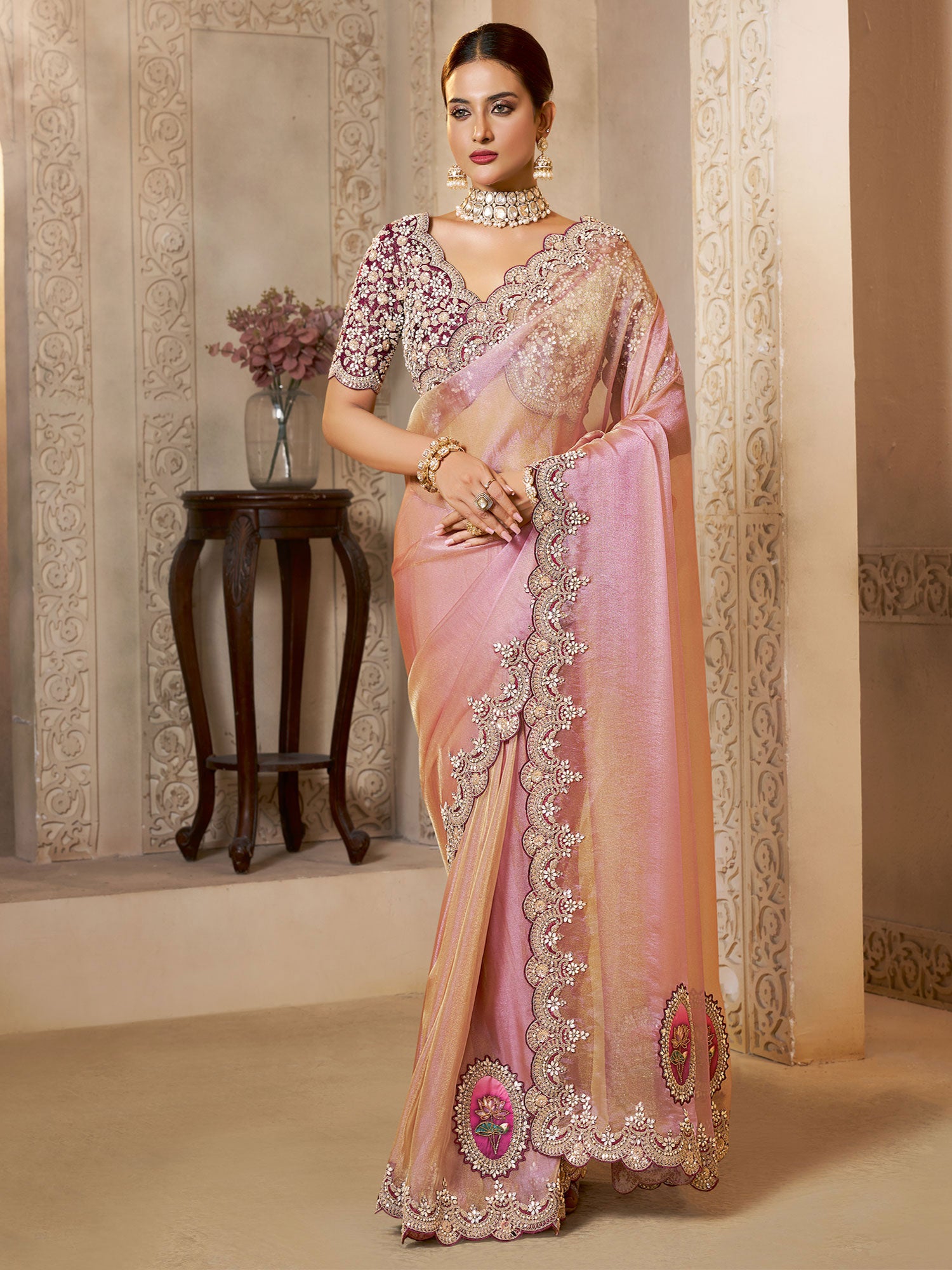 Pink Embroidered Silk Saree With Heavy Pallu