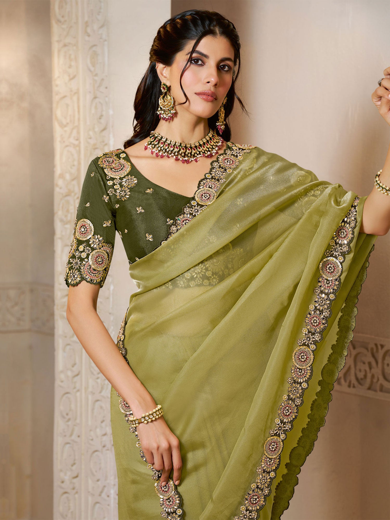 Olive Green Organza Satin Saree With Blouse