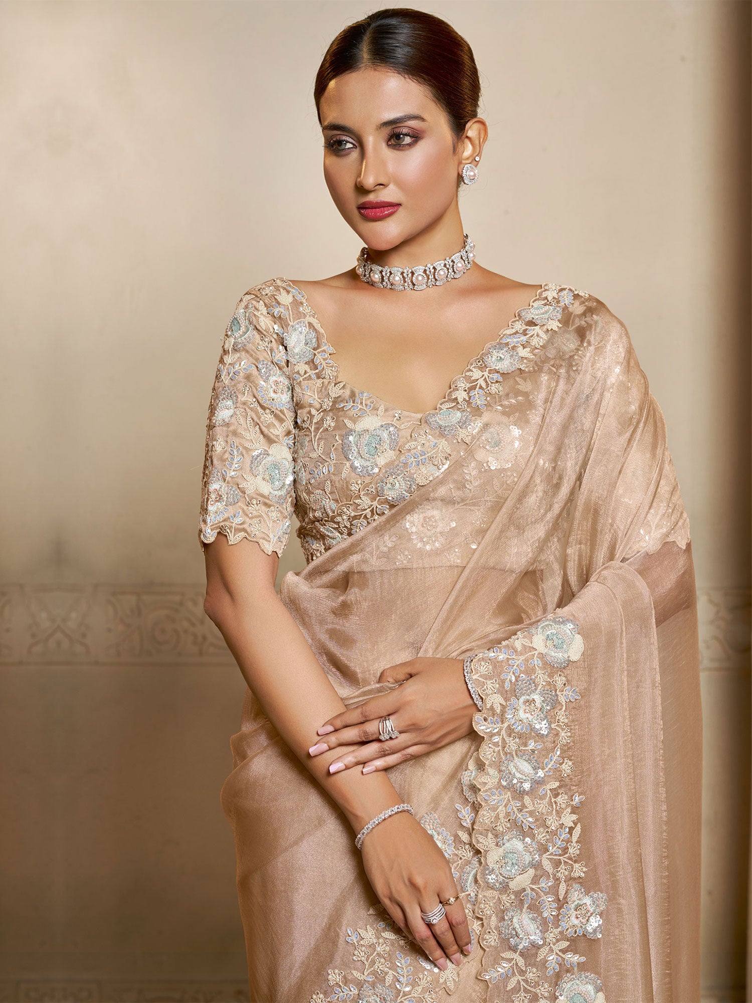 Cream Organza Saree With Floral Work Borders