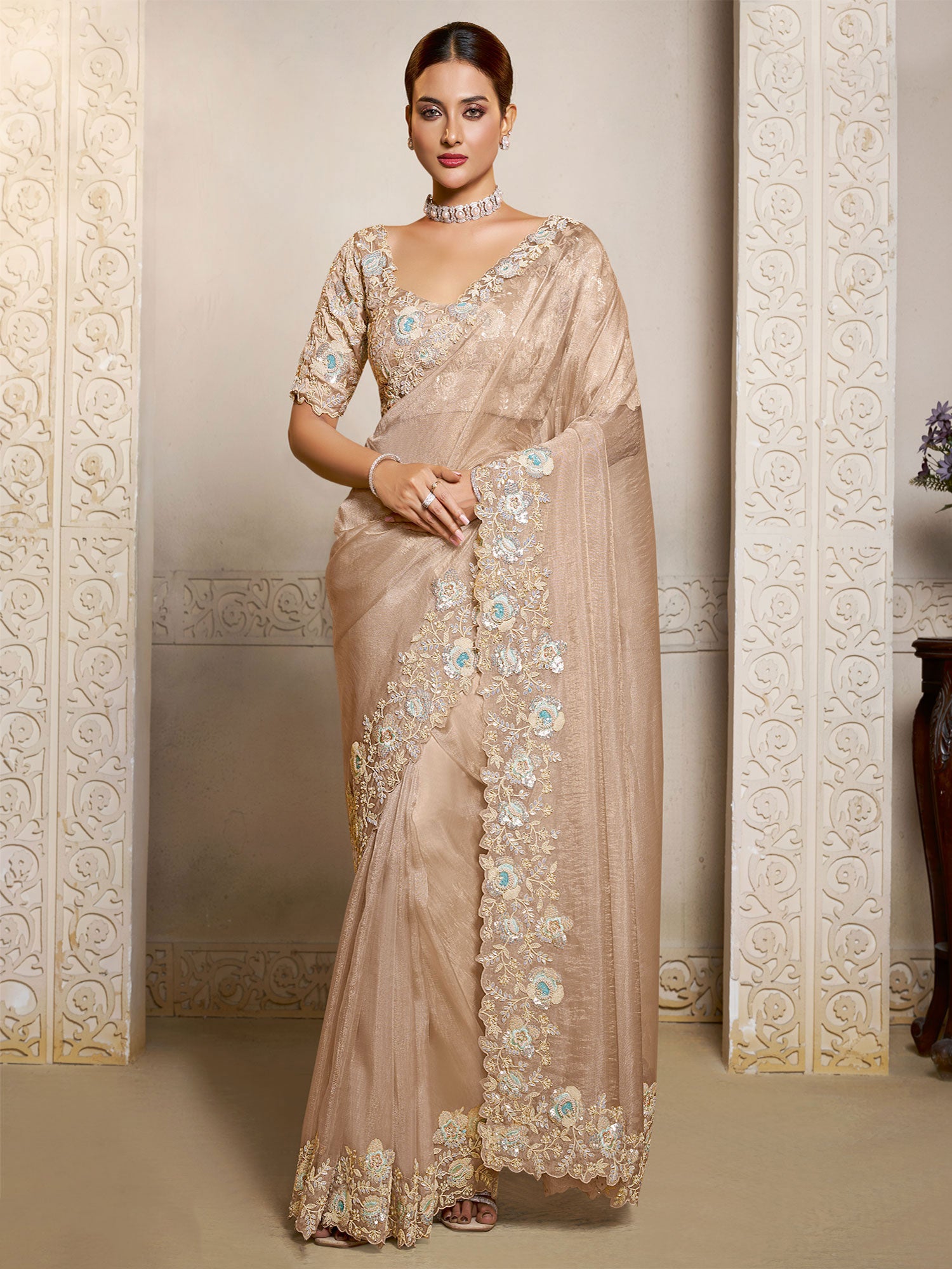 Cream Organza Saree With Floral Work Borders