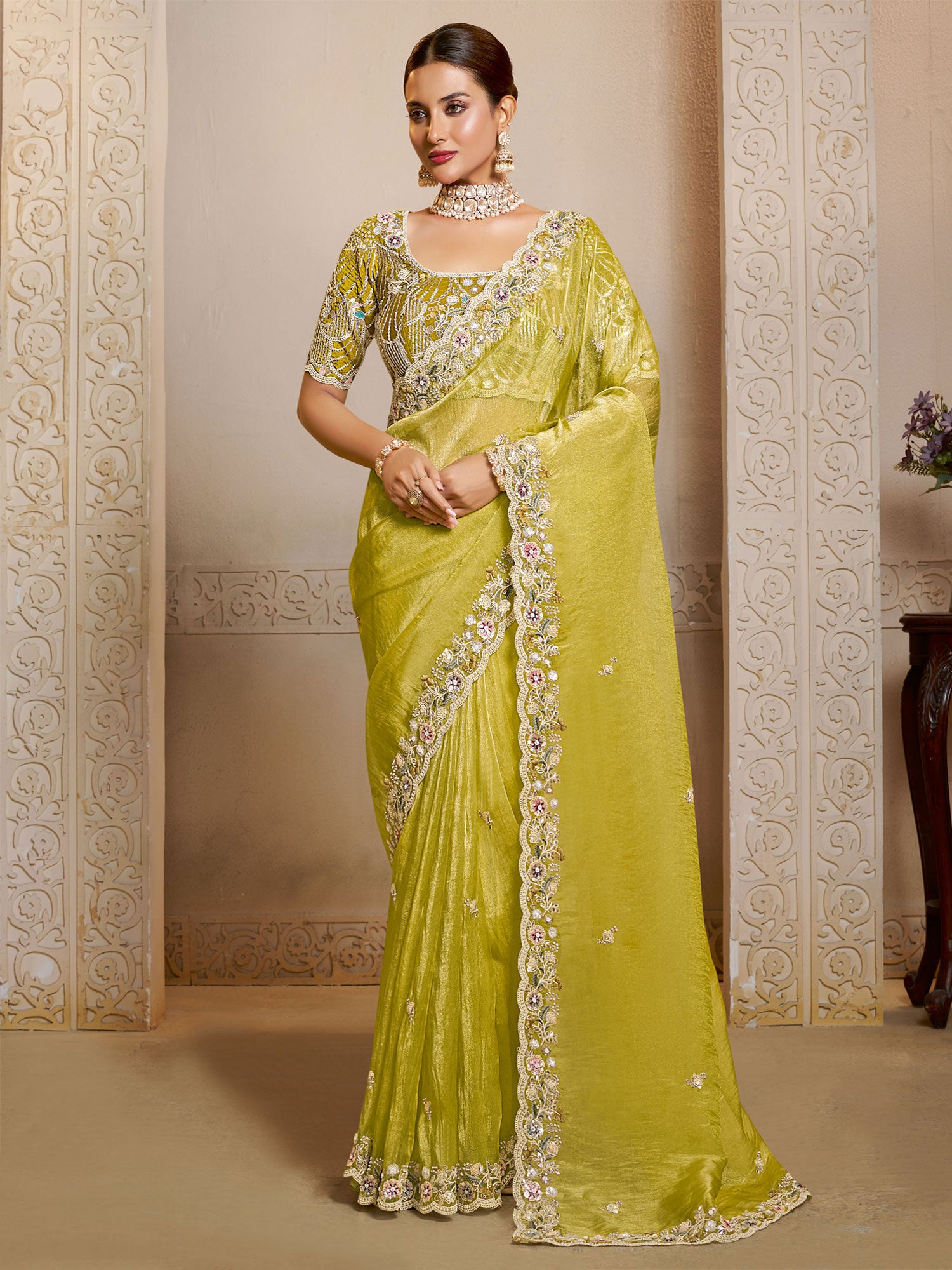 Green Wedding Wear Saree With Embroidered Blouse
