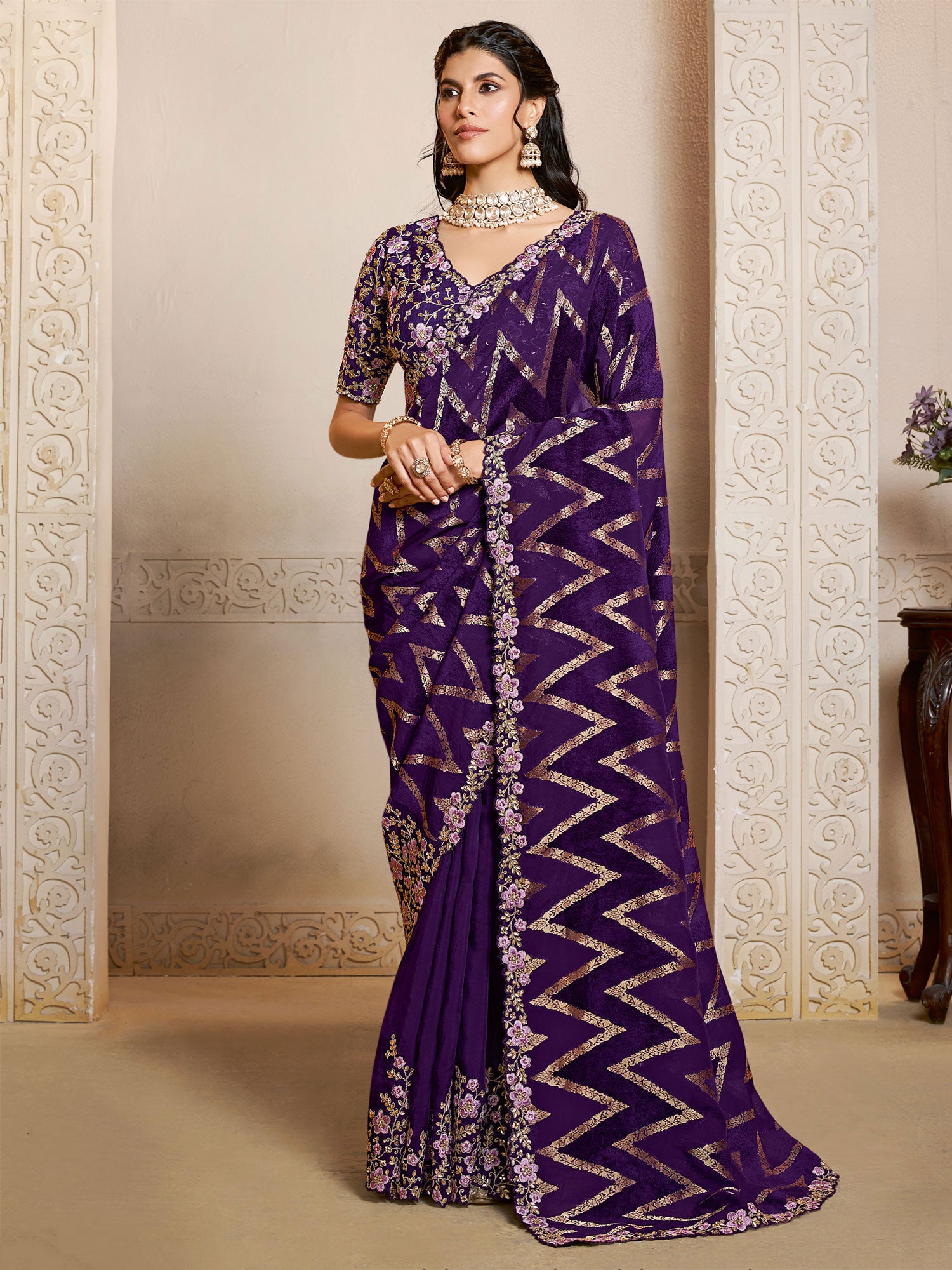 Deep Purple Floral Thread Embroidered Saree