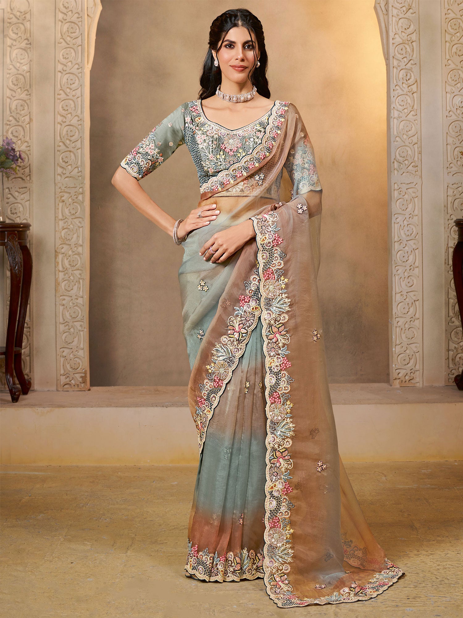 Grey And Brown Ombre Shaded Party Saree