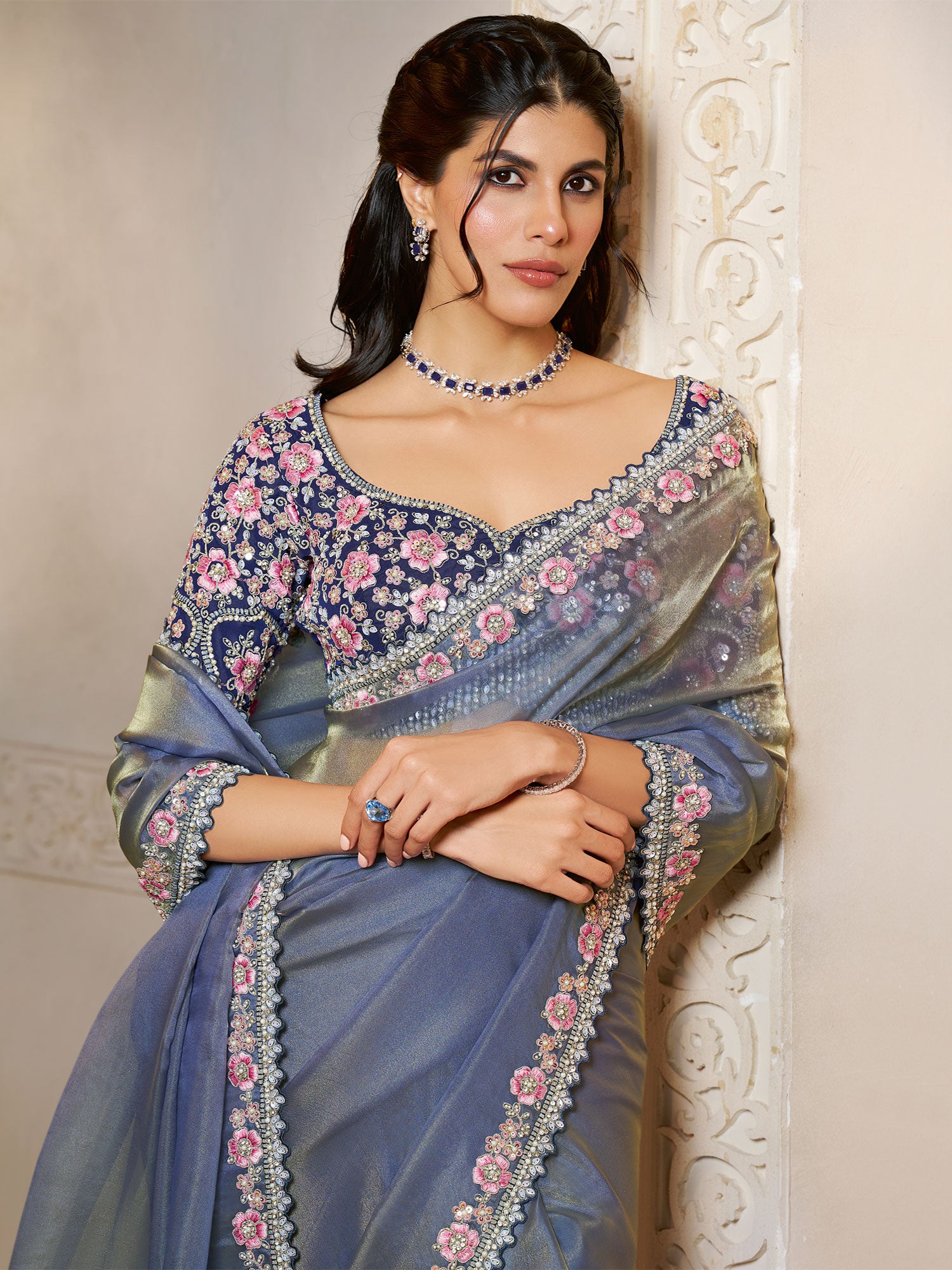 Blue Festive Saree In Floral Work With Blouse