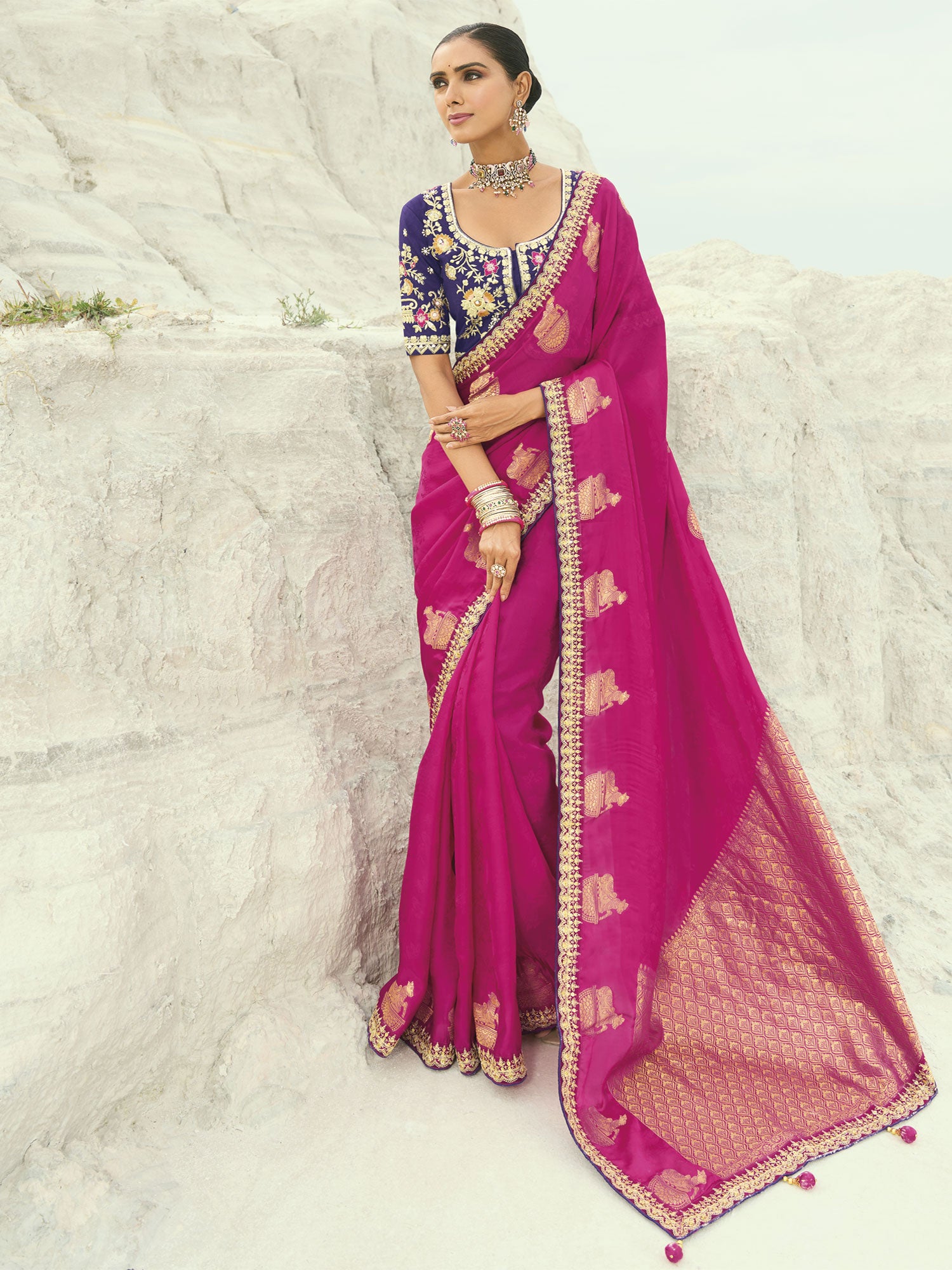 Rani Pink Organza Bridal Saree With Heavy Pallu