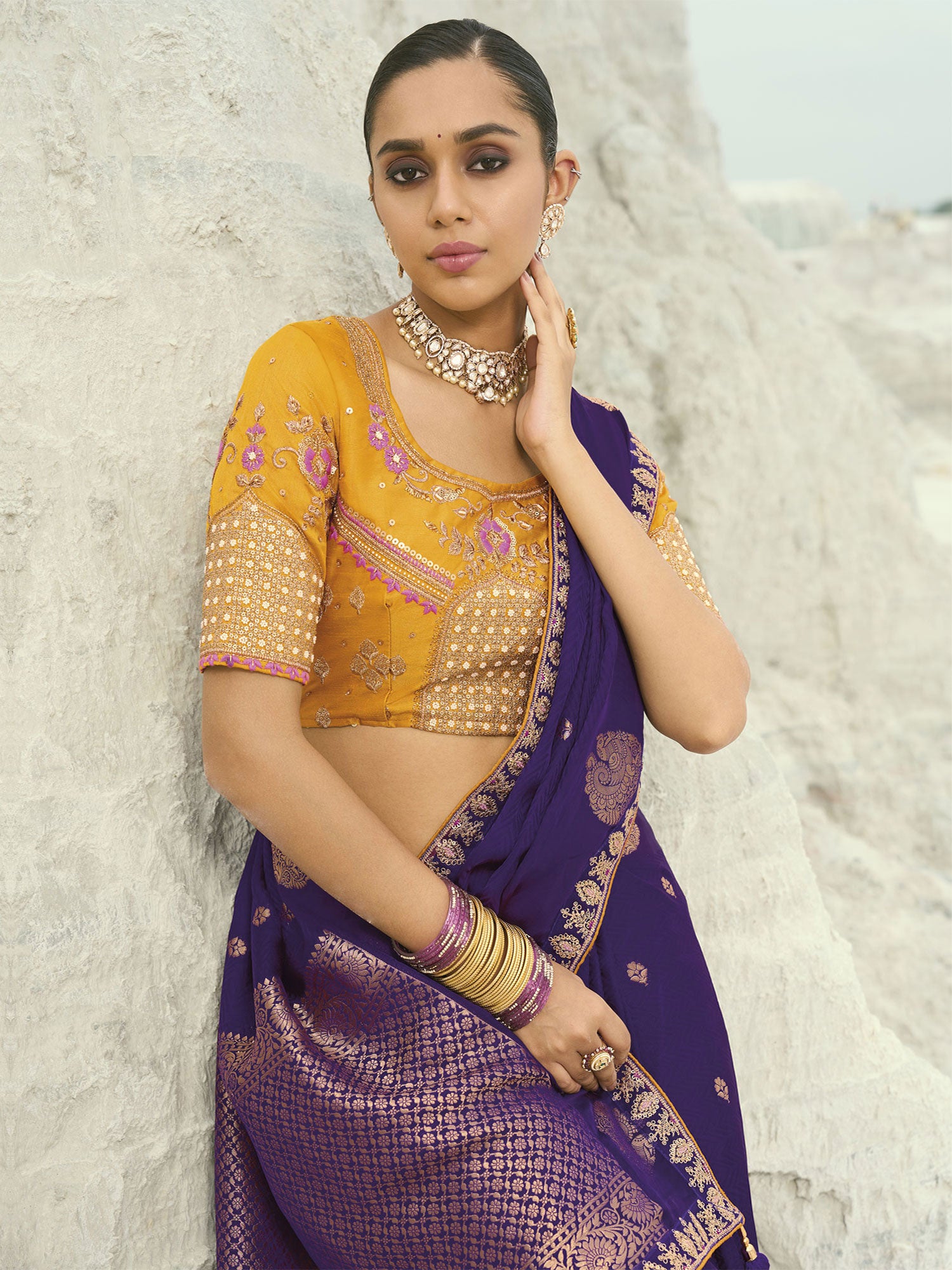 Royal Purple Wedding Wear Saree In Organza