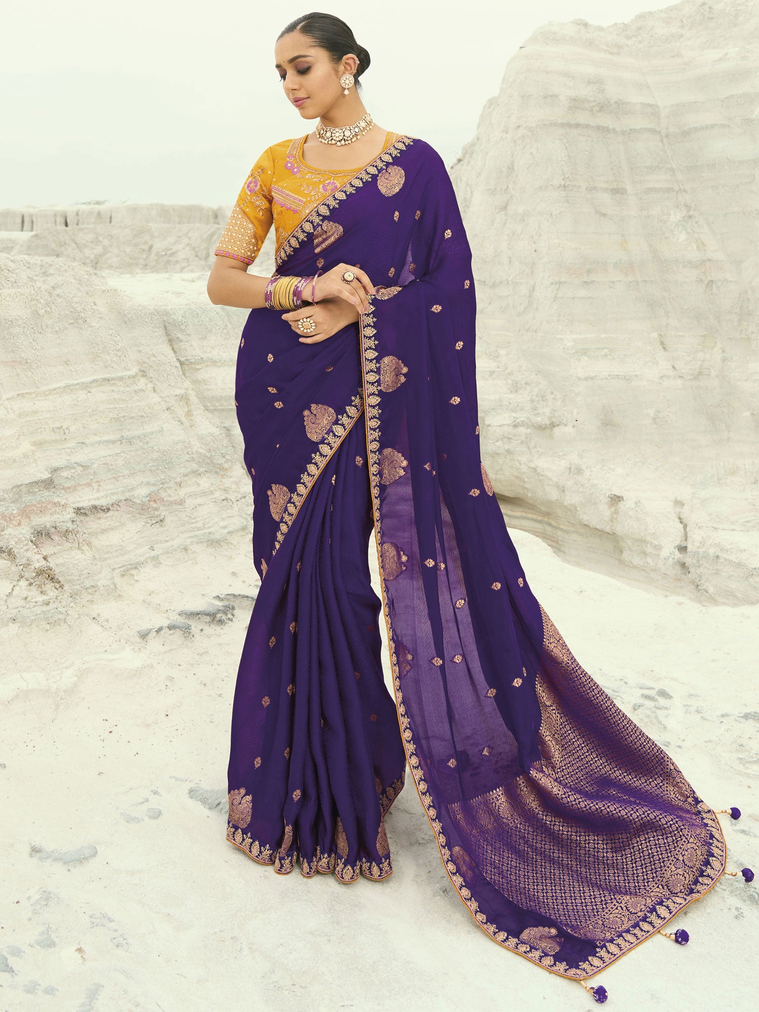 Royal Purple Wedding Wear Saree In Organza