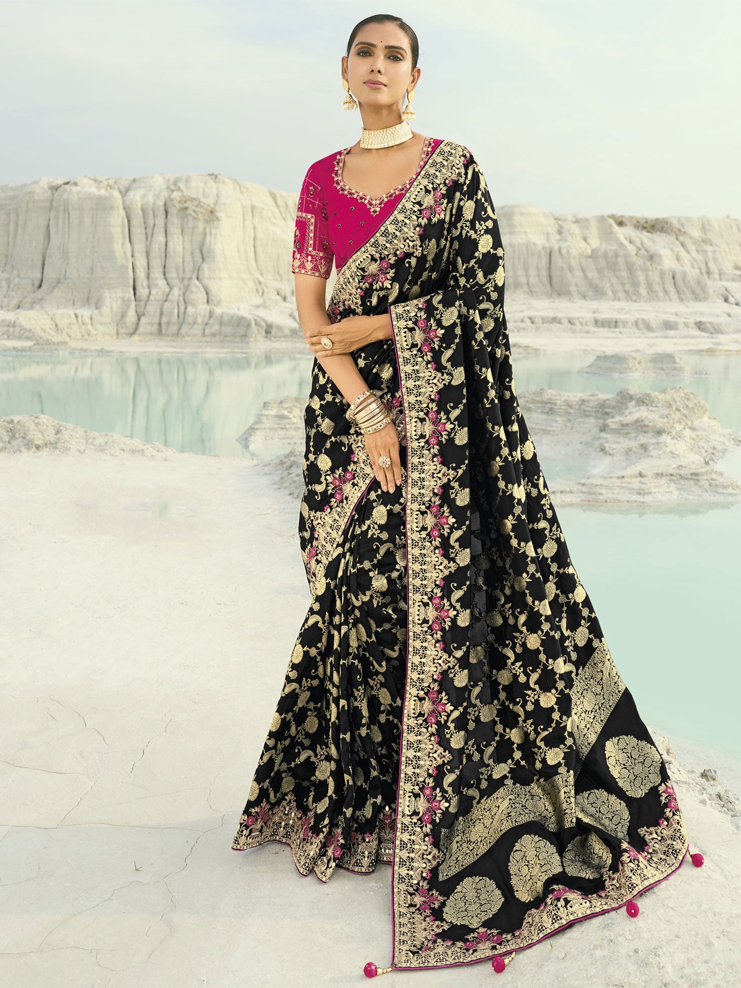 Black Floral Zari Weaving Saree With Blouse