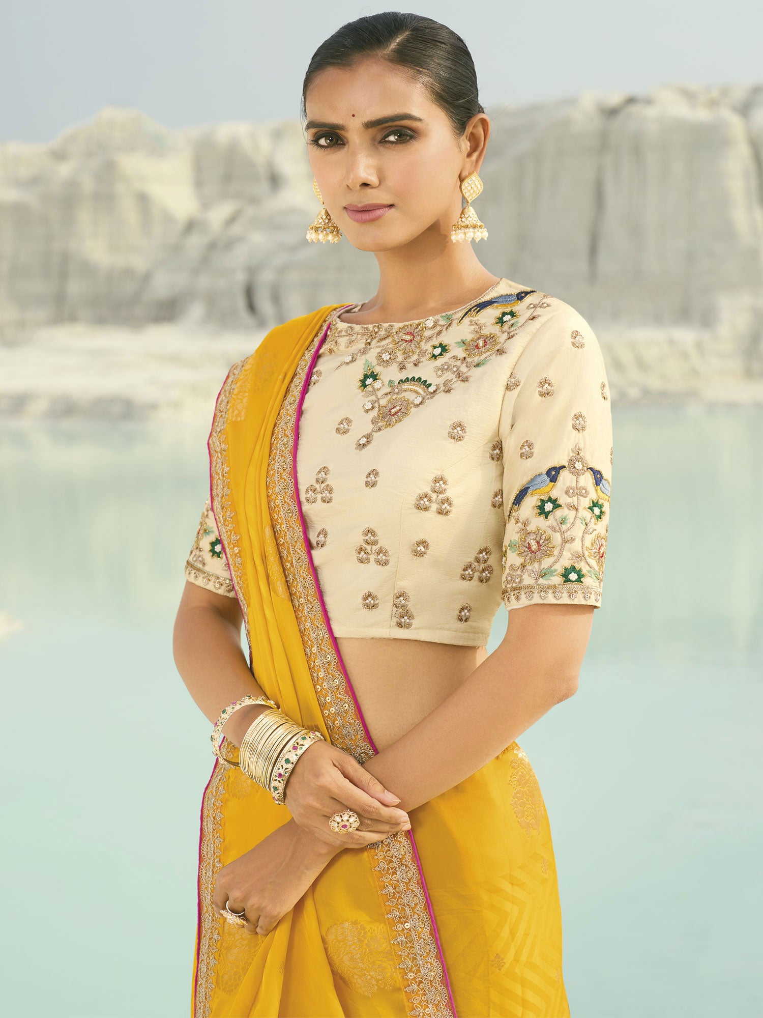 Yellow Hand Work Embroidered Organza Saree