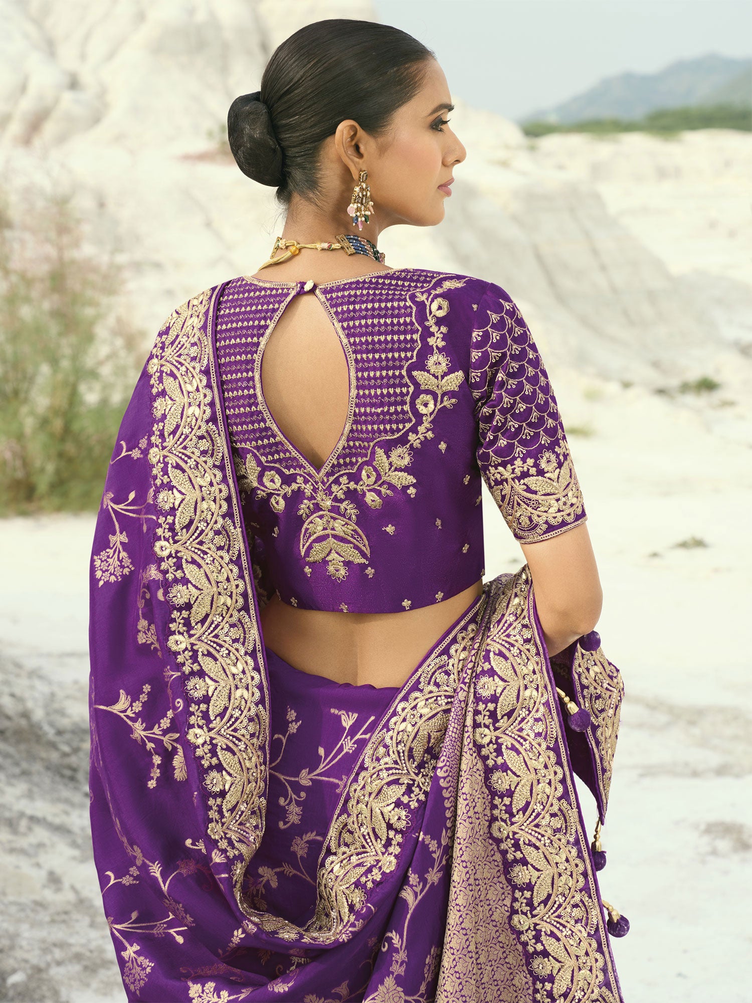 Purple Silk Saree With Floral Embroidered Borders
