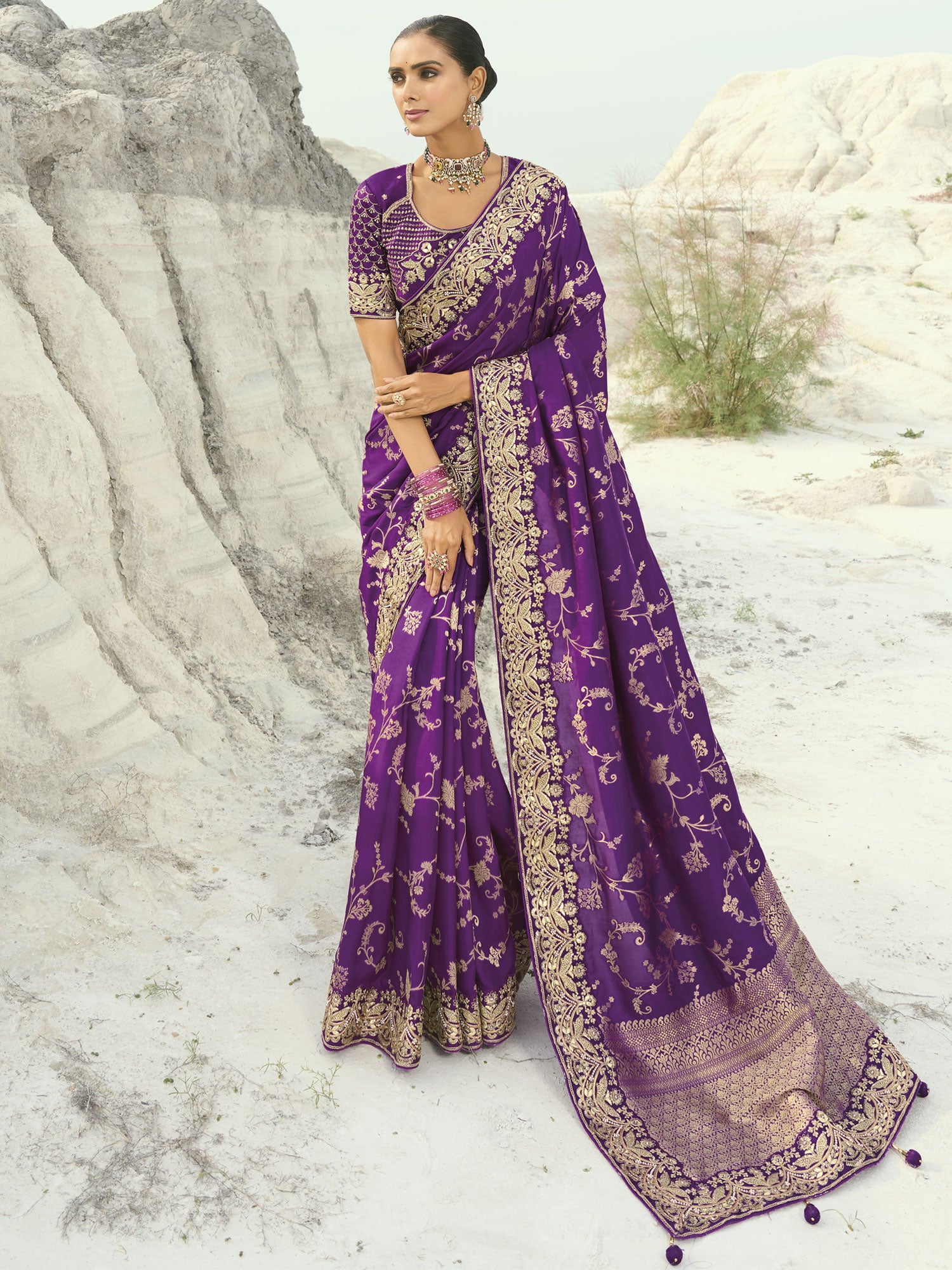 Purple Silk Saree With Floral Embroidered Borders