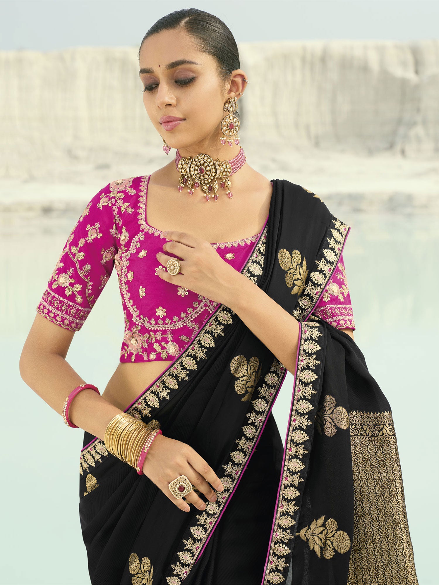 Black Zari Work Bridesmaid Saree In Organza