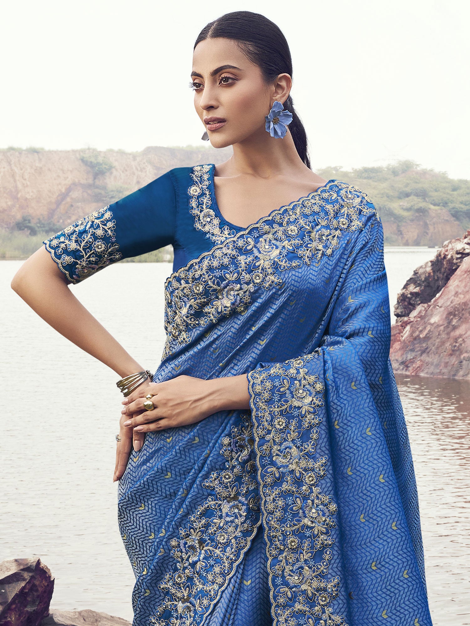 Cobalt Blue Mirror Work Augmented Saree With Blouse