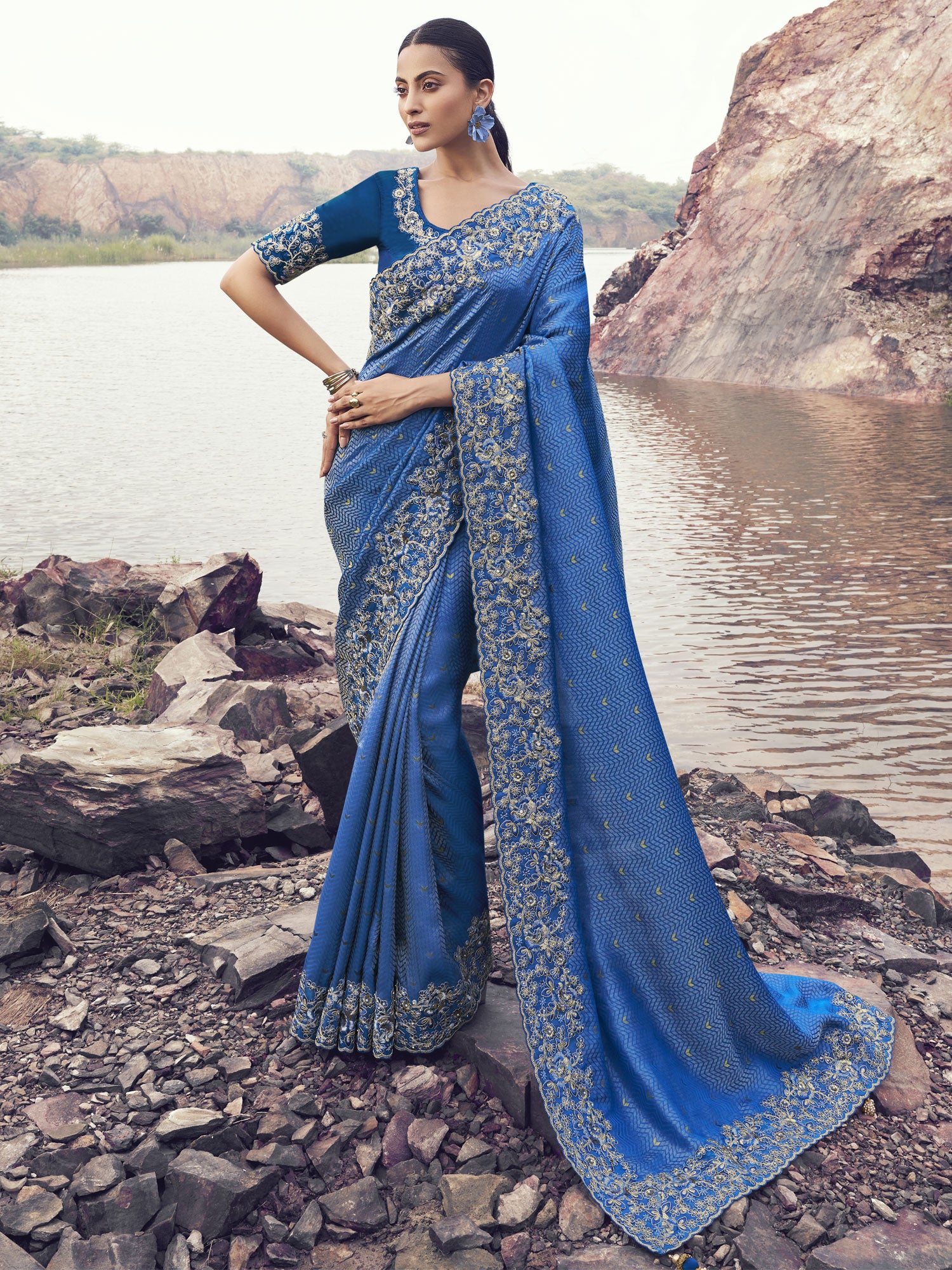 Cobalt Blue Mirror Work Augmented Saree With Blouse
