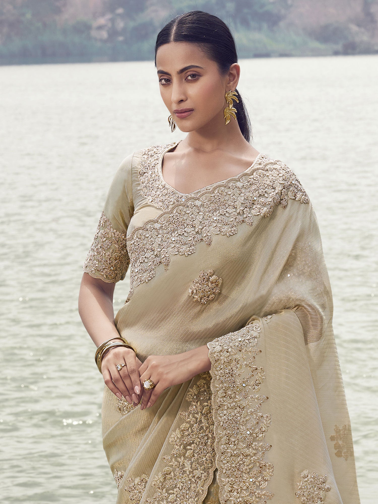 Beige Bridesmaid Saree With Heavy Floral Embellishmets