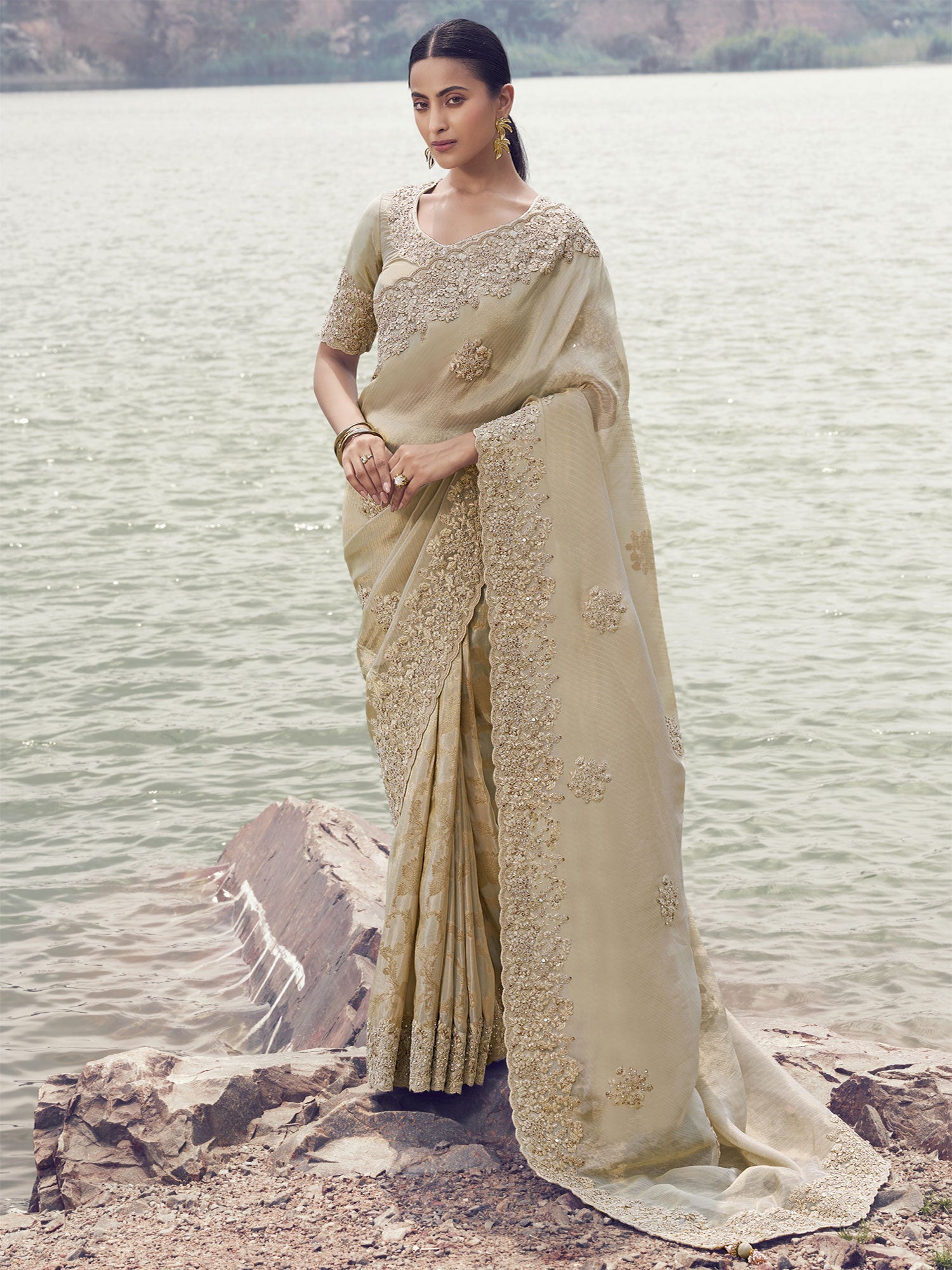 Beige Bridesmaid Saree With Heavy Floral Embellishmets