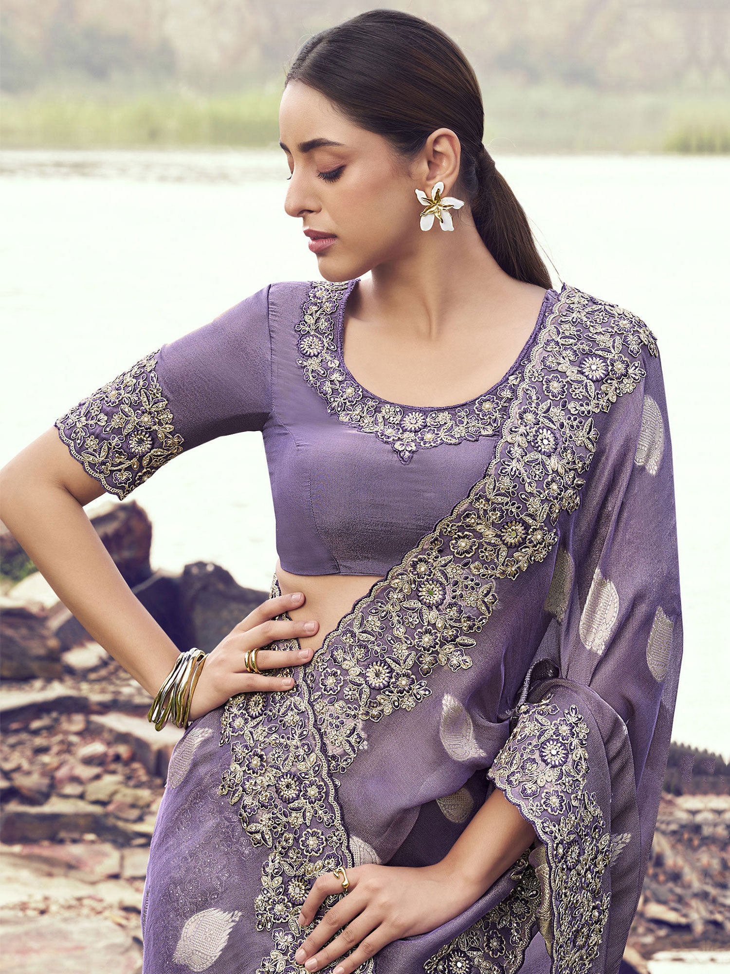 Dusty Purple Stone Embellished Saree In Tissue Silk
