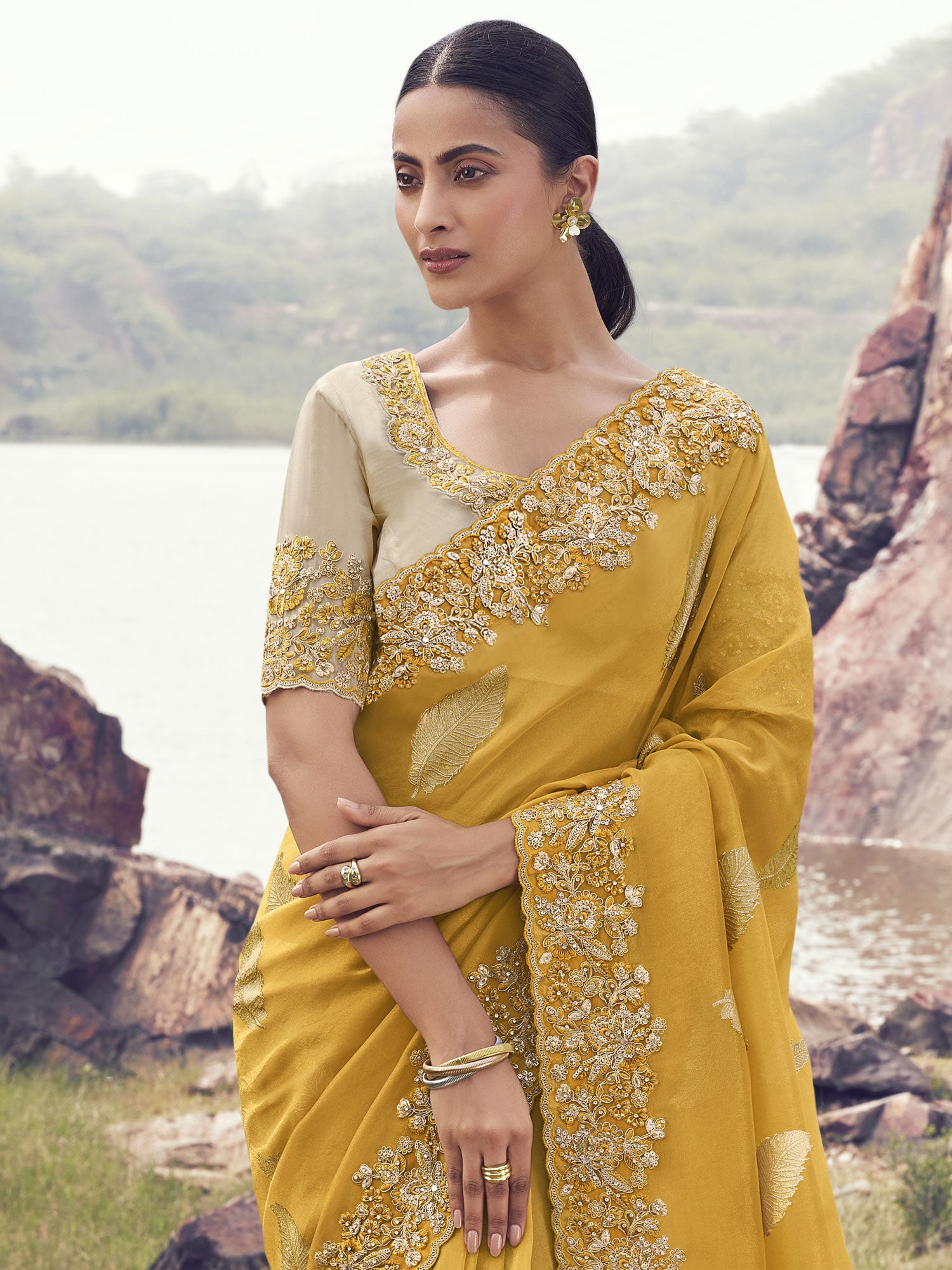 Mustard Yellow Floral Thread Embroidered Silk Saree