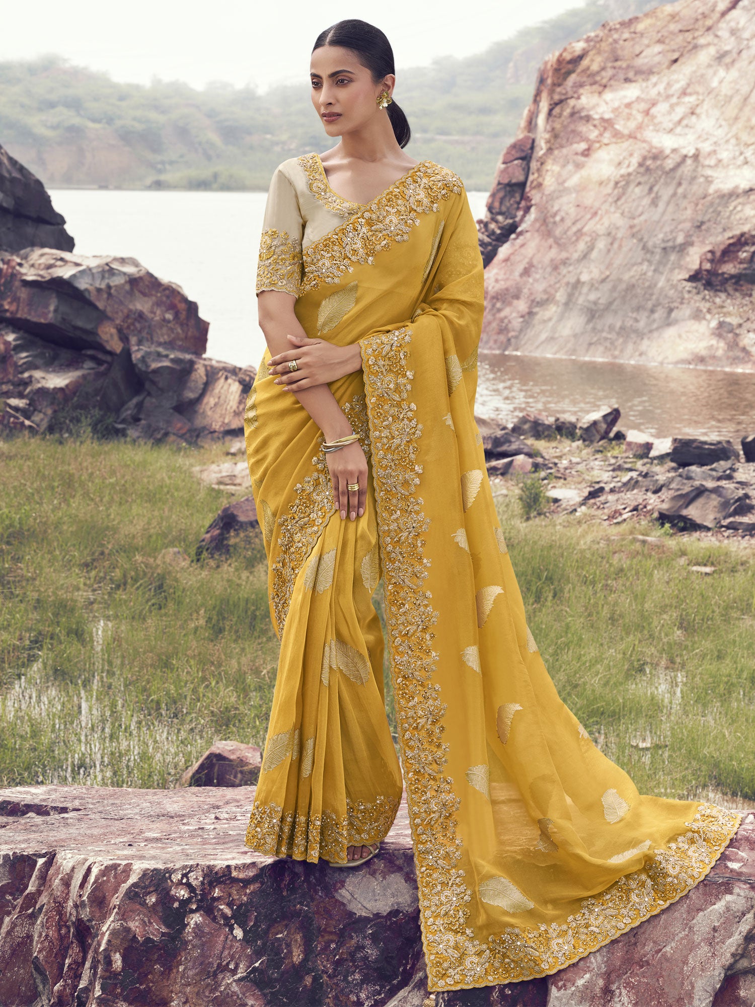Mustard Yellow Floral Thread Embroidered Silk Saree