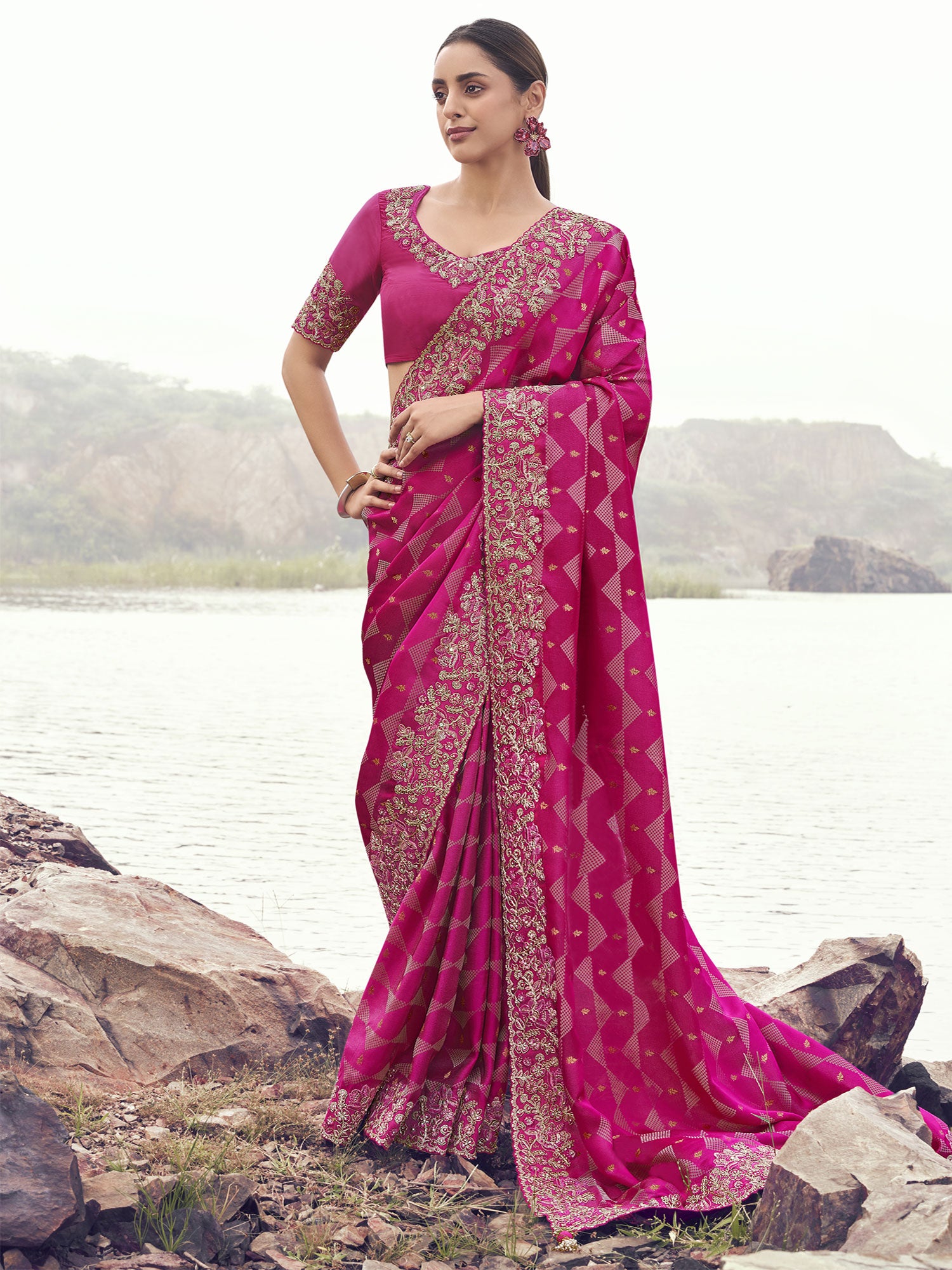 Rani Pink Wedding Saree With Blouse In Satin Silk