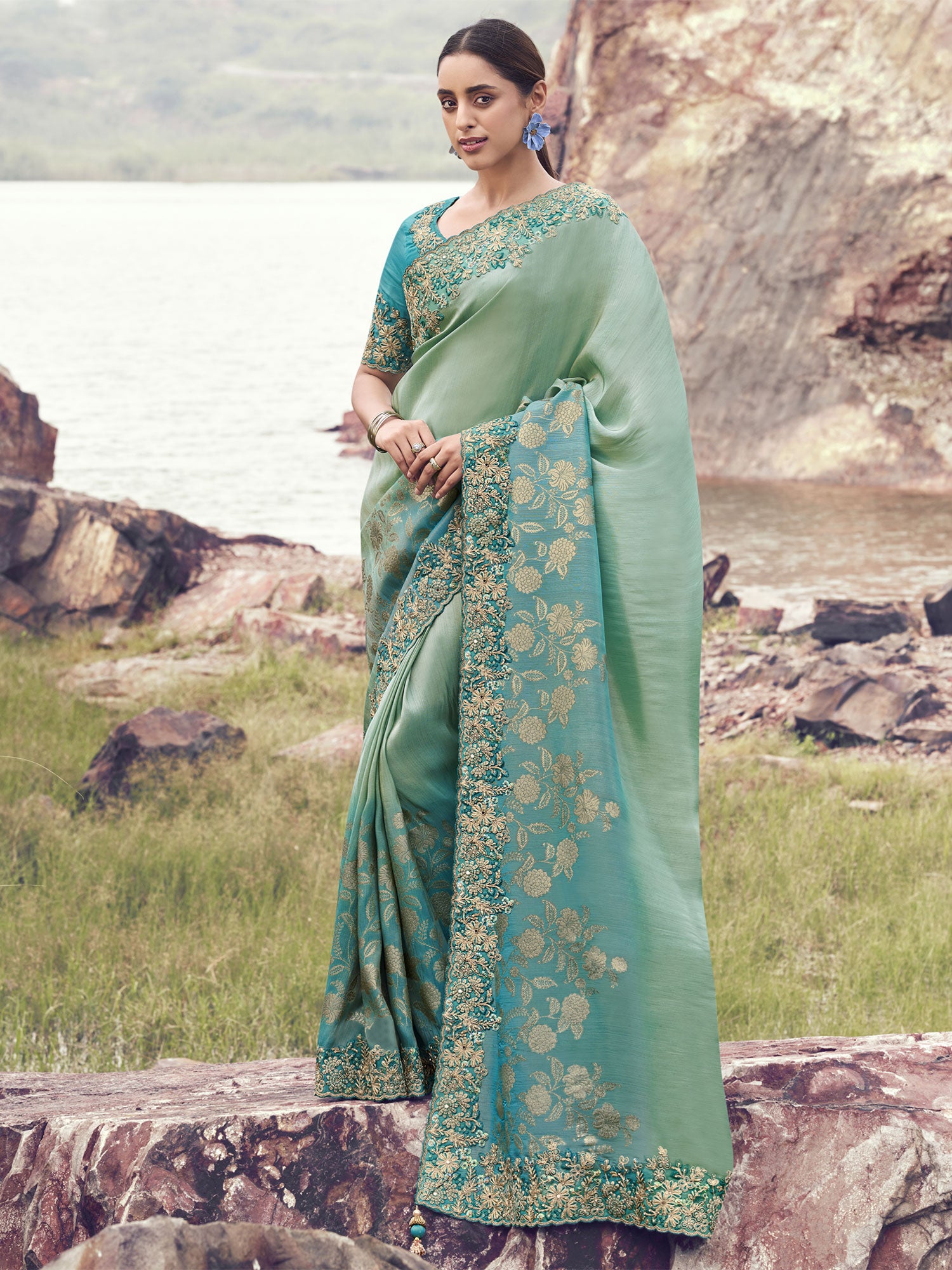 Turquoise And Blue Ombre Shaded Bridesmaid Saree