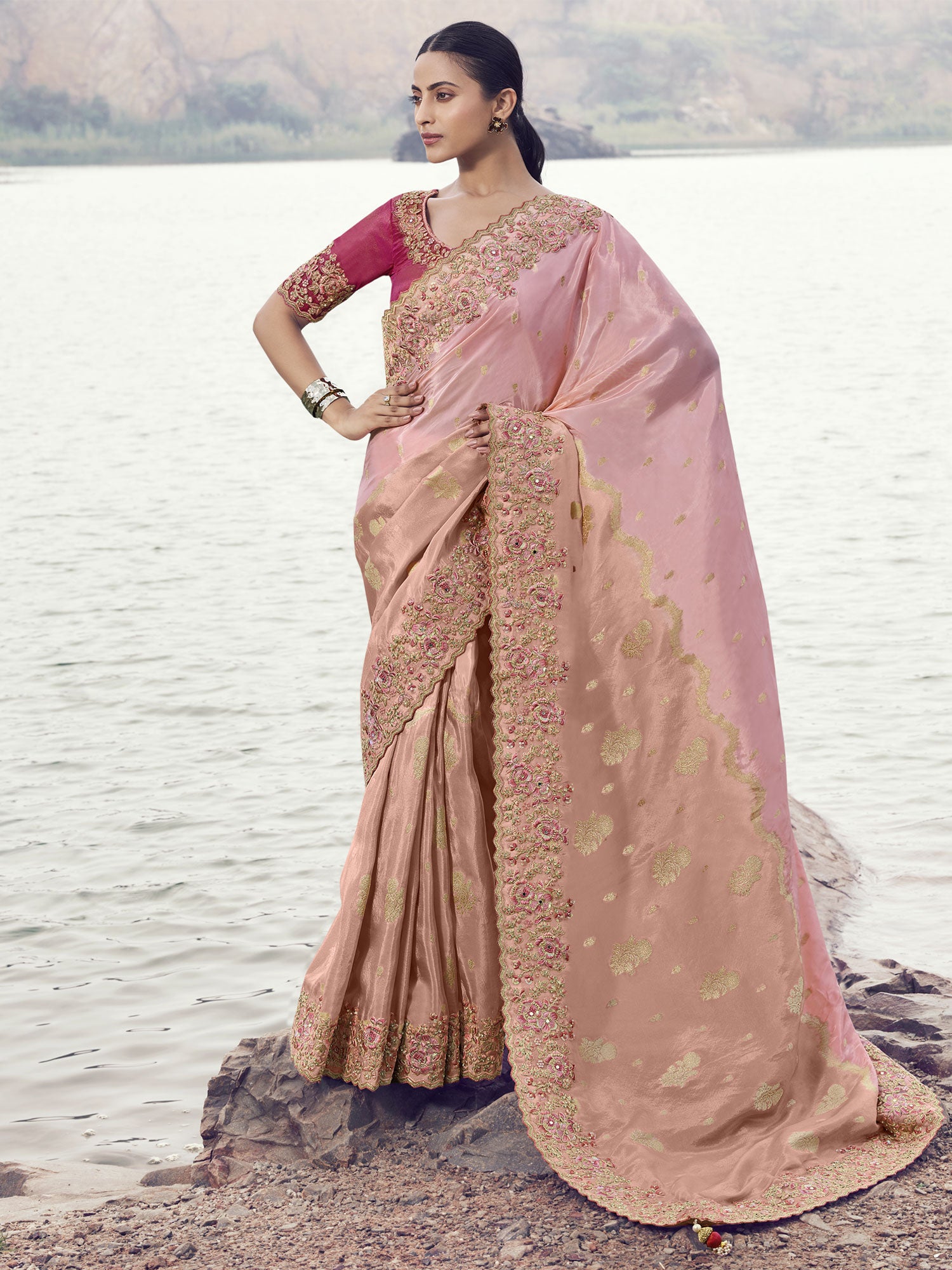 Pink And Peach Bridesmaid Saree With Heavy Borders