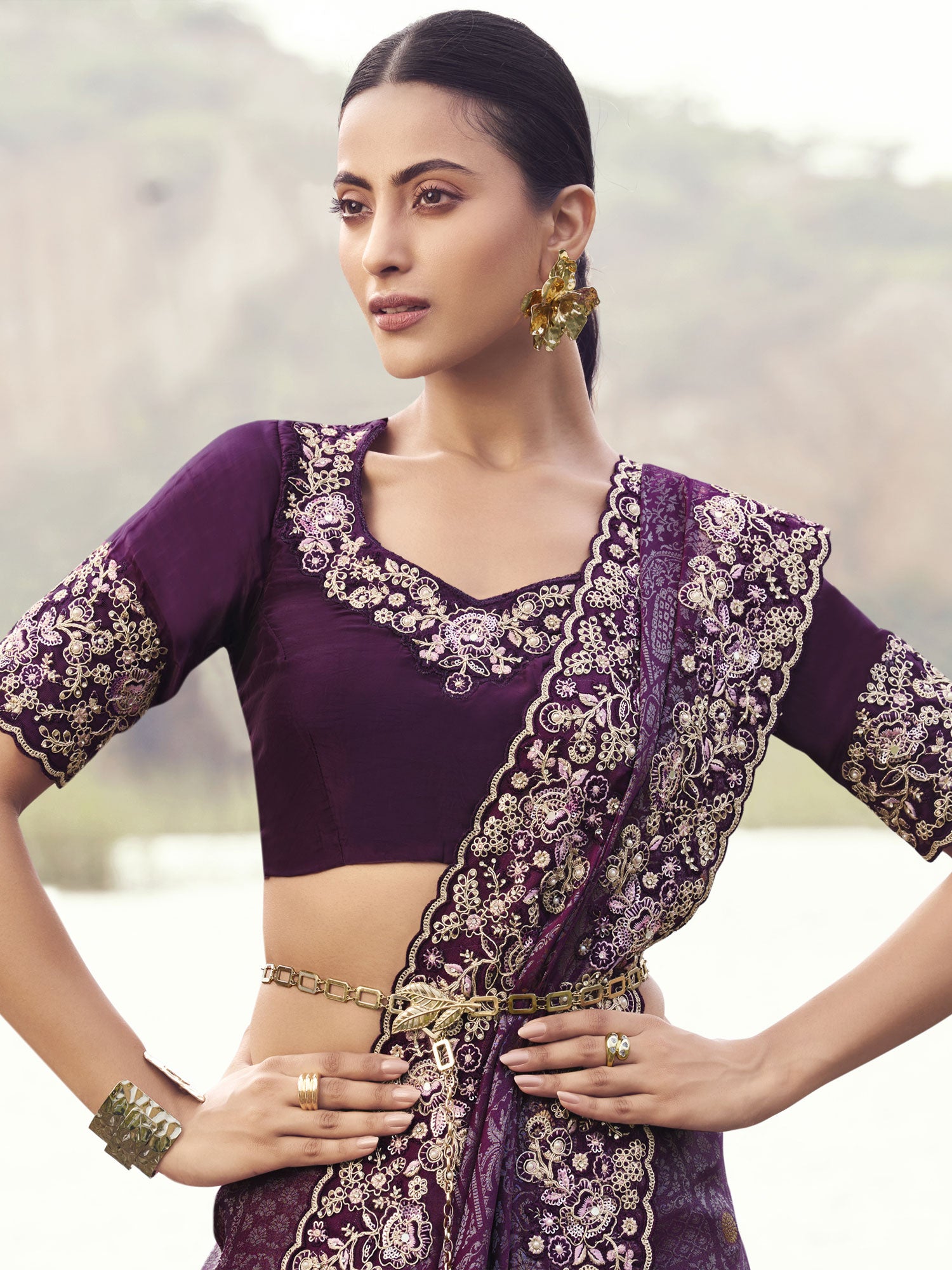 Dark Wine Zari Work Bridesmaid Saree In Silk