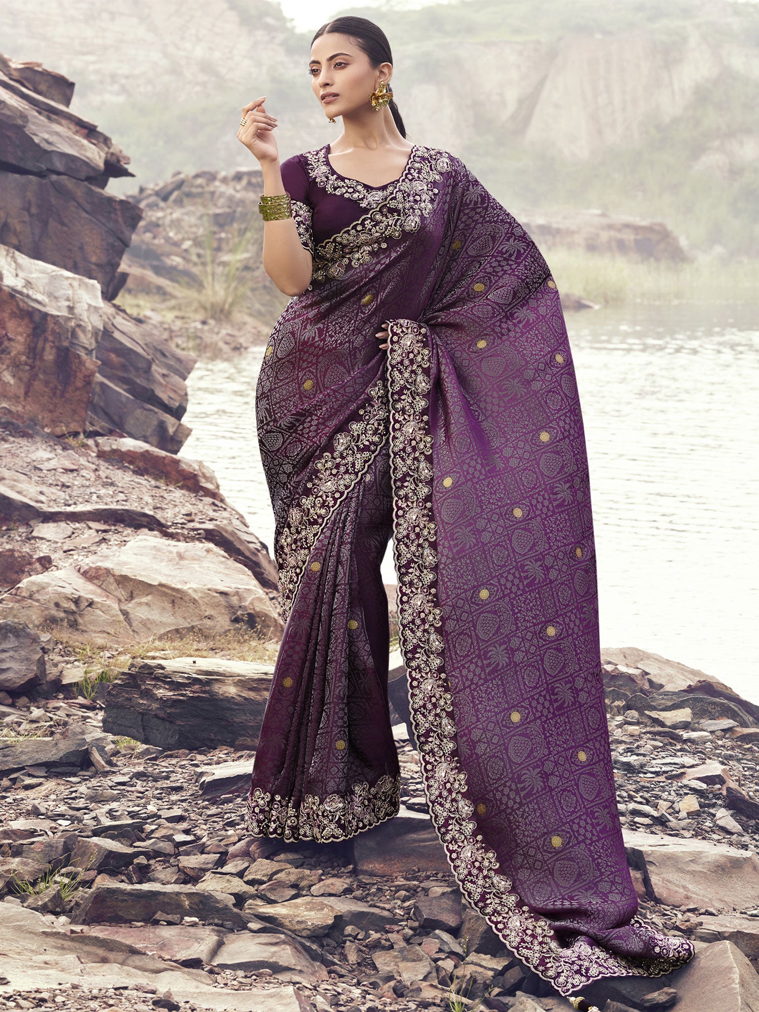 Dark Wine Zari Work Bridesmaid Saree In Silk